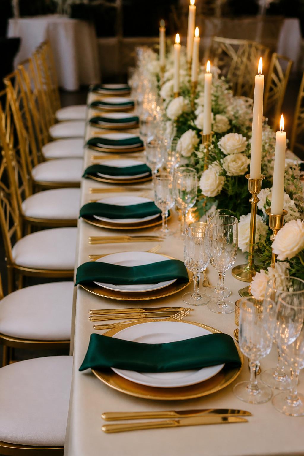 Image Prompt:
A professional editorial wedding reception photo showing a long rectangle wedding table styled with emerald green linen napkins, gold chargers, gold flatware, white plates, low white floral centerpieces, clear crystal glasses, and ivory taper candles in gold holders. Elegant indoor reception setting with warm candlelight, no visible faces, no full people, table-focused composition, realistic DSLR wedding photography, no text, no watermark, (no watermarks on images)