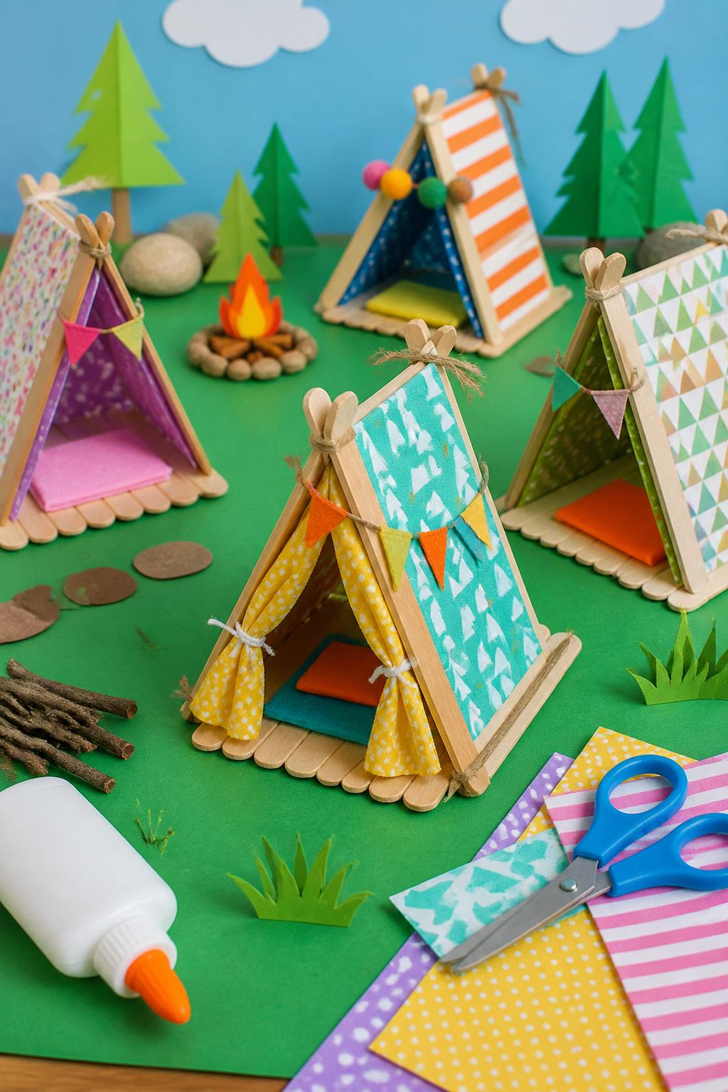 Detailed Image Prompt:
A cute summer camp craft photo showing mini popsicle stick tent frames, triangular craft stick tents decorated with patterned paper, fabric scraps, tiny bunting, and painted details, arranged on a green paper “grass” background with glue and scissors nearby, playful campsite diorama style, no people, no faces, no text, no watermark on images.