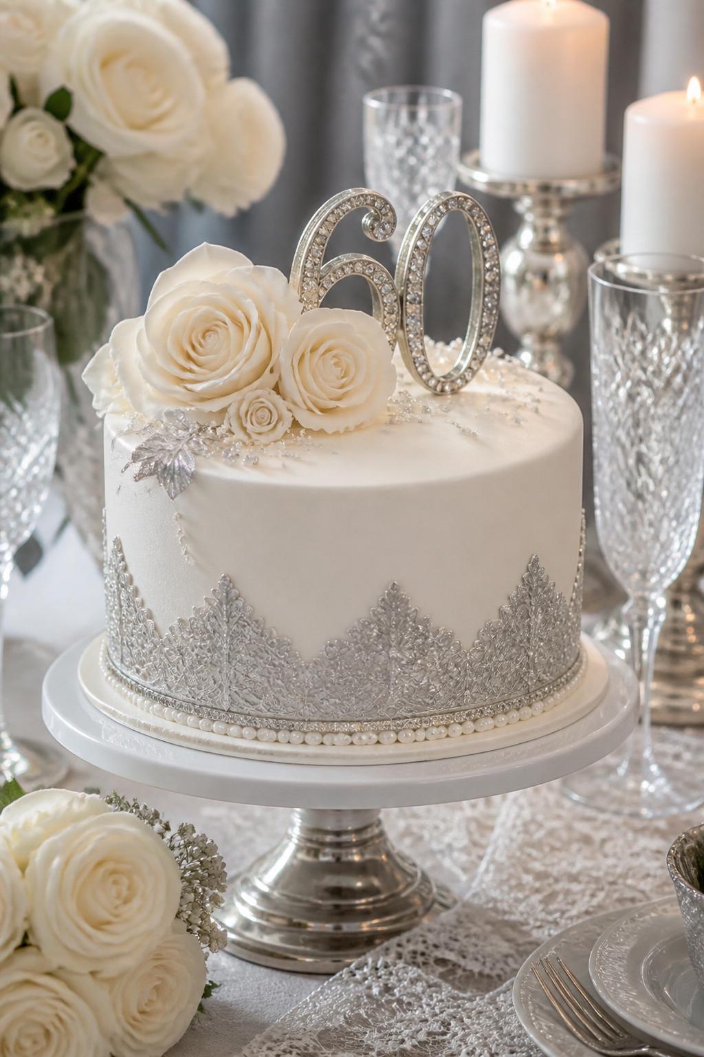 Image Prompt: A timeless diamond anniversary cake with smooth white fondant, delicate edible silver lace, pearl accents, tiny sugar crystals, and soft cream sugar roses. Place it on a classic cake stand with lace linen, crystal glasses, white candles, and silver decor. Make it graceful, romantic, and realistic, with luxury editorial styling, no people, no faces, no watermark. (no watermarks on images)