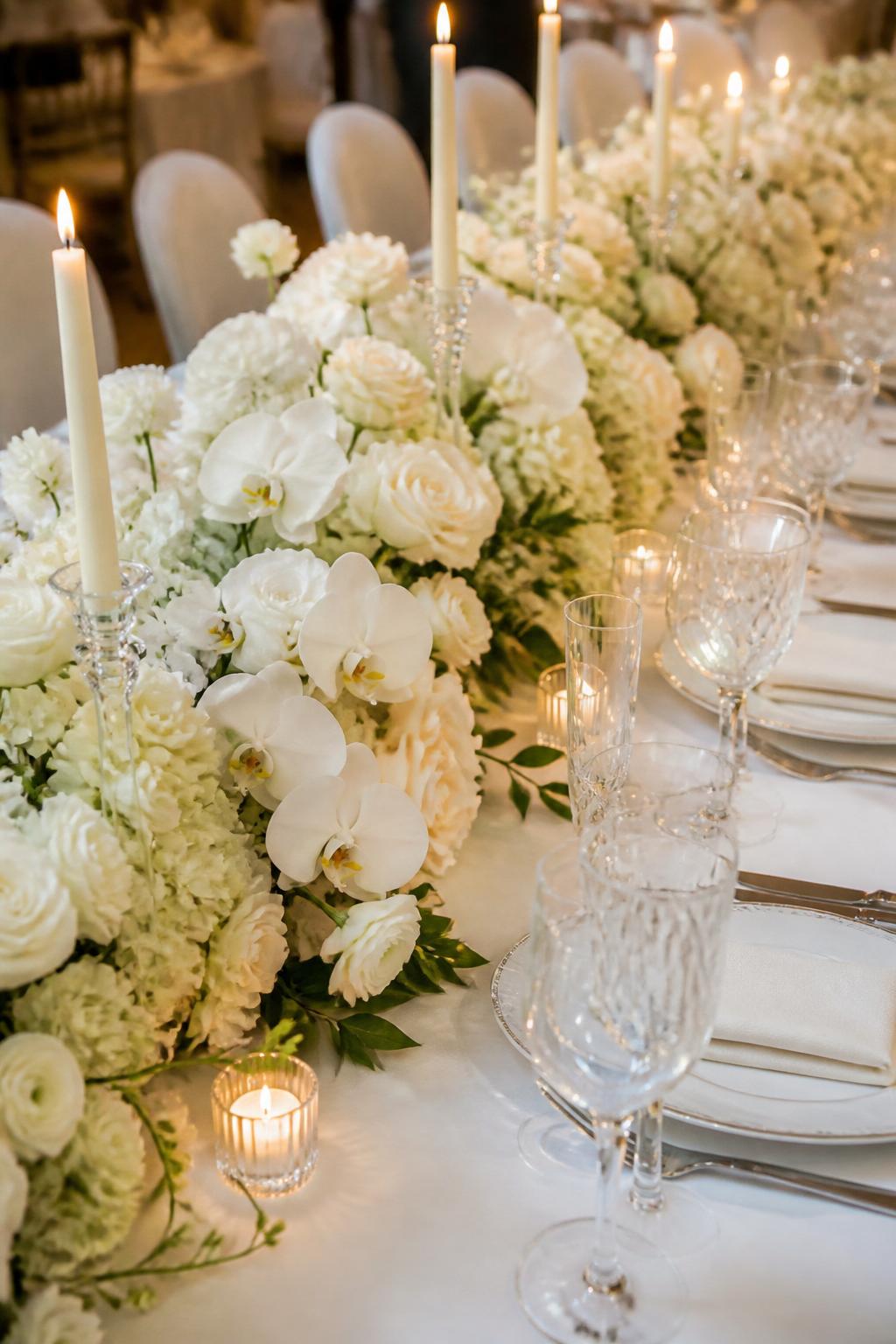 Image Prompt:
A professional editorial wedding reception photo showing a long rectangle wedding table styled with a full all-white floral garland running down the center. Include white roses, white ranunculus, white hydrangeas, white orchids, soft greenery tucked lightly underneath, ivory taper candles in elegant holders, white linen, white plates, crystal glasses, and folded ivory napkins. Romantic reception setting, no visible faces, no full people, table-focused composition, realistic DSLR wedding photography, no text, no watermark, (no watermarks on images)