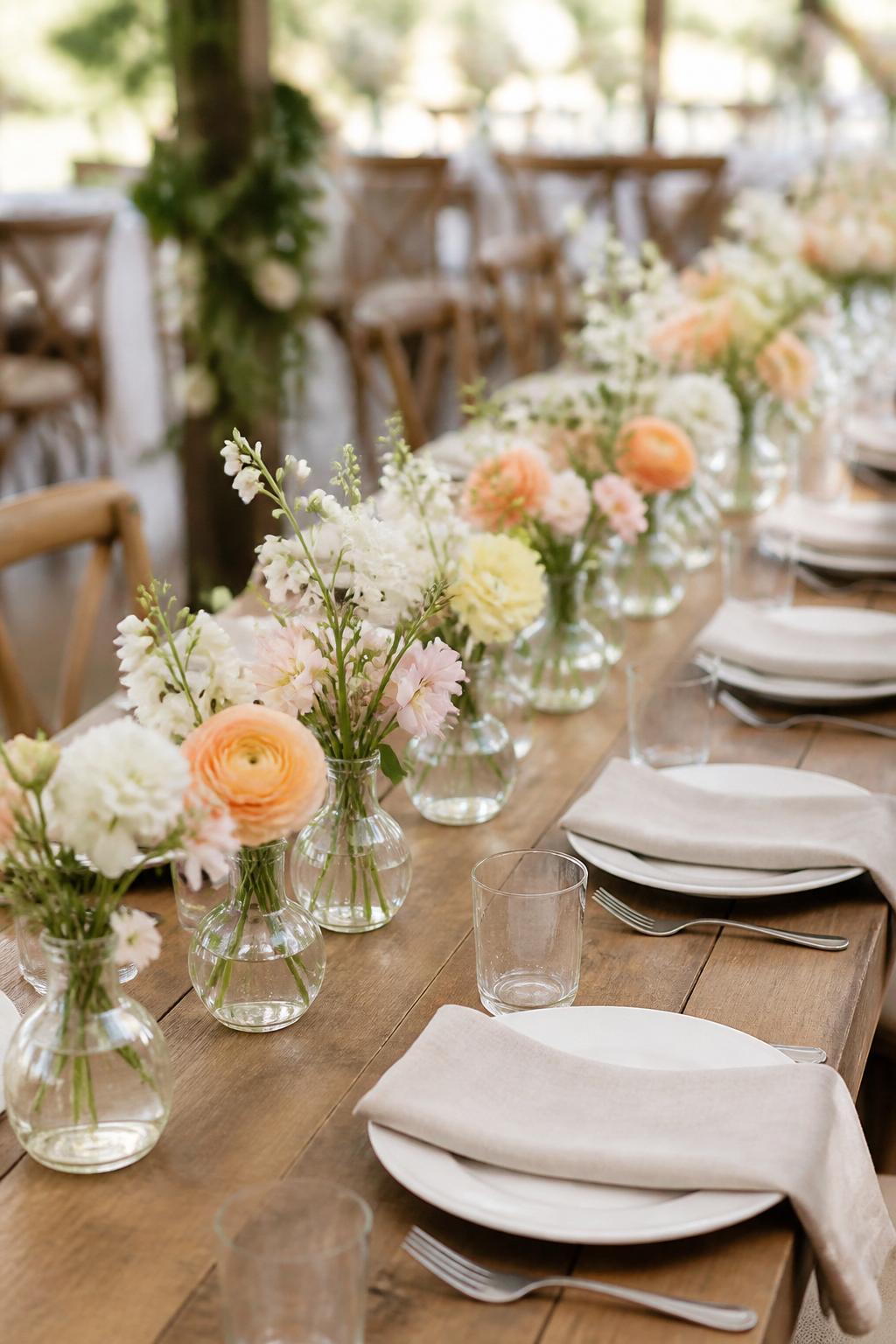 Image Prompt:
A charming wedding farm table photo featuring a neat row of small clear glass bud vases down the center, each filled with seasonal flowers in white, blush, pale yellow, and soft peach. Add linen napkins, white plates, clear glasses, wood chairs, and soft natural light in a garden or barn reception setting. No visible faces, no text, no watermark, professional editorial photography, (no watermarks on images)