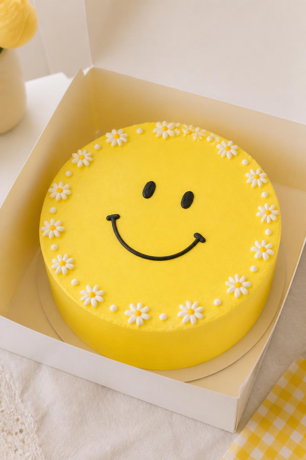 Image Prompt:
A cute smiley face birthday bento cake in a white open box, bright yellow buttercream frosting, simple smiley face design centered on top, tiny white daisy details around the edge, modern cheerful styling, clean soft background, realistic dessert photography, no people, no hands, no faces, no watermarks on images