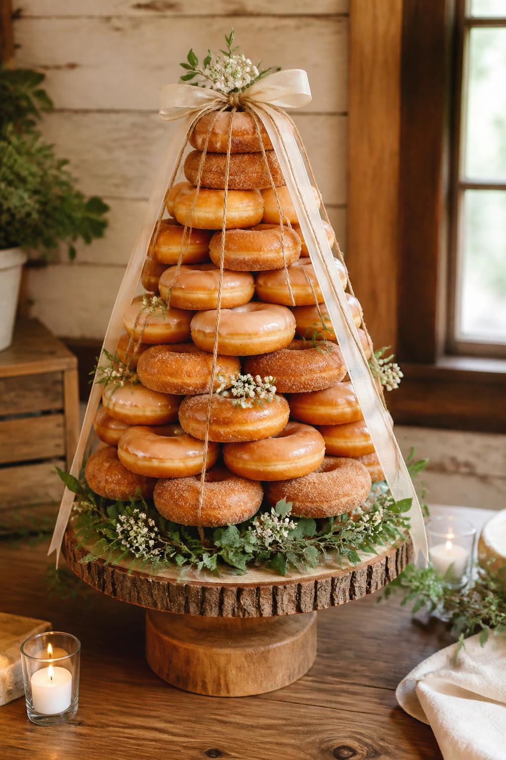 Detailed Image Prompt:
A rustic donut tower cake with plain glazed and cinnamon sugar donuts stacked on a natural wooden stand, tied with twine and soft beige ribbon, surrounded by simple greenery and small candles, styled on a farmhouse dessert table, warm natural light, realistic editorial dessert photography, no people, no watermarks on images.