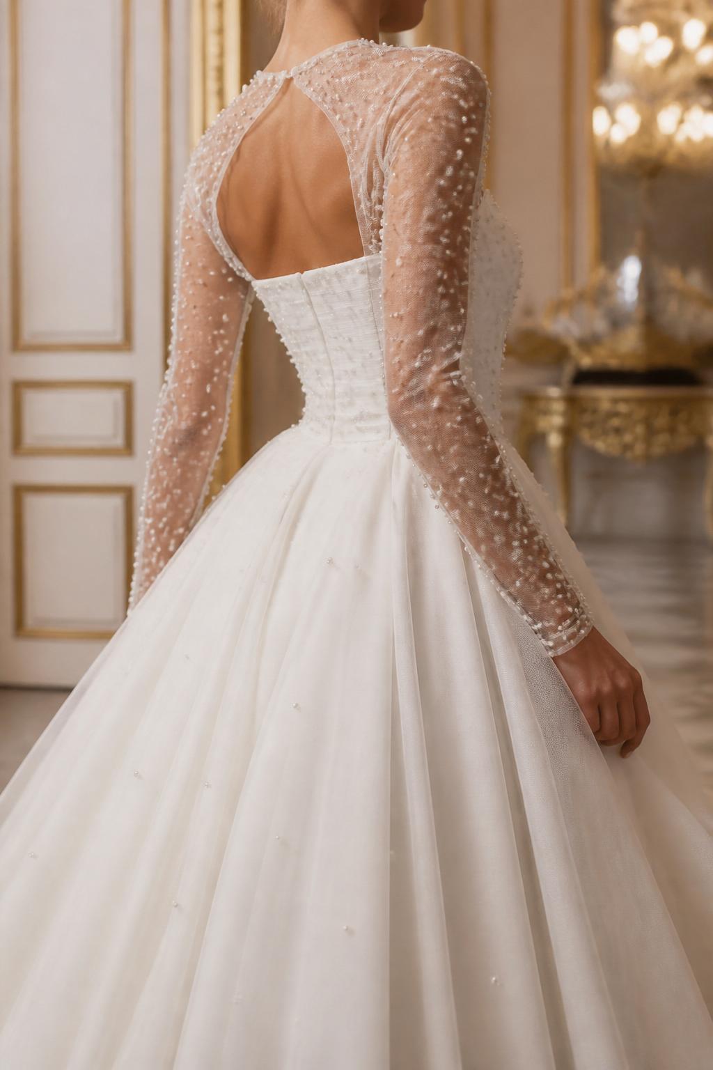 Image Prompt: A luxury bridal editorial image of a strapless ball gown styled with a sheer pearl-embellished bolero. Show the bride cropped from the neck down or from behind with the face hidden. The bolero has a soft sheer base with scattered pearl details, elegant long sleeves, and a light fitted shape over a full structured skirt. Photograph in a grand bridal setting with soft warm lighting, a polished editorial composition, realistic pearl and tulle texture, no visible face, no text, no watermark. (no watermarks on images)