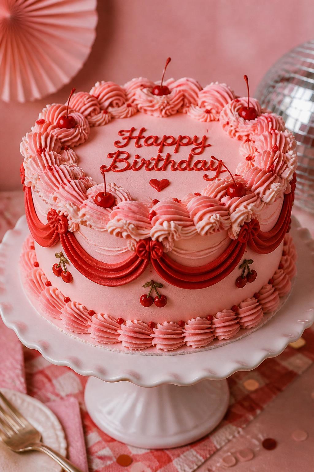 Detailed Image Prompt:
A cute pink and red vintage cake inspired by old bakery window displays, with soft pink buttercream, bold red swags, frilly shell piping, piped messages, tiny cherries, and a nostalgic rounded shape, styled on a classic cake stand with soft party decor, realistic editorial cake photography, no people, no watermarks on images.