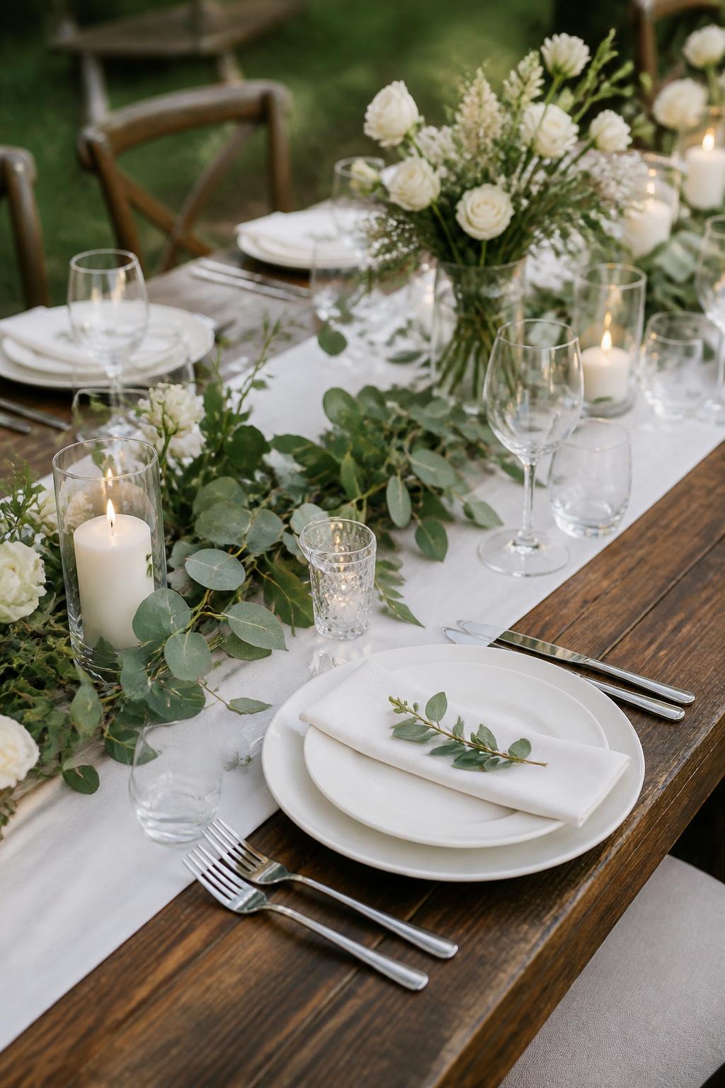 Image Prompt:
A professional editorial wedding reception photo showing a wooden picnic table styled with a crisp white linen runner, fresh eucalyptus greenery, small white floral arrangements, ivory candles in glass holders, white plates, linen napkins, and clear glassware. Outdoor garden wedding setting with soft natural light, no visible faces, no full people, table-focused composition, realistic DSLR wedding photography, no text, no watermark, (no watermarks on images)