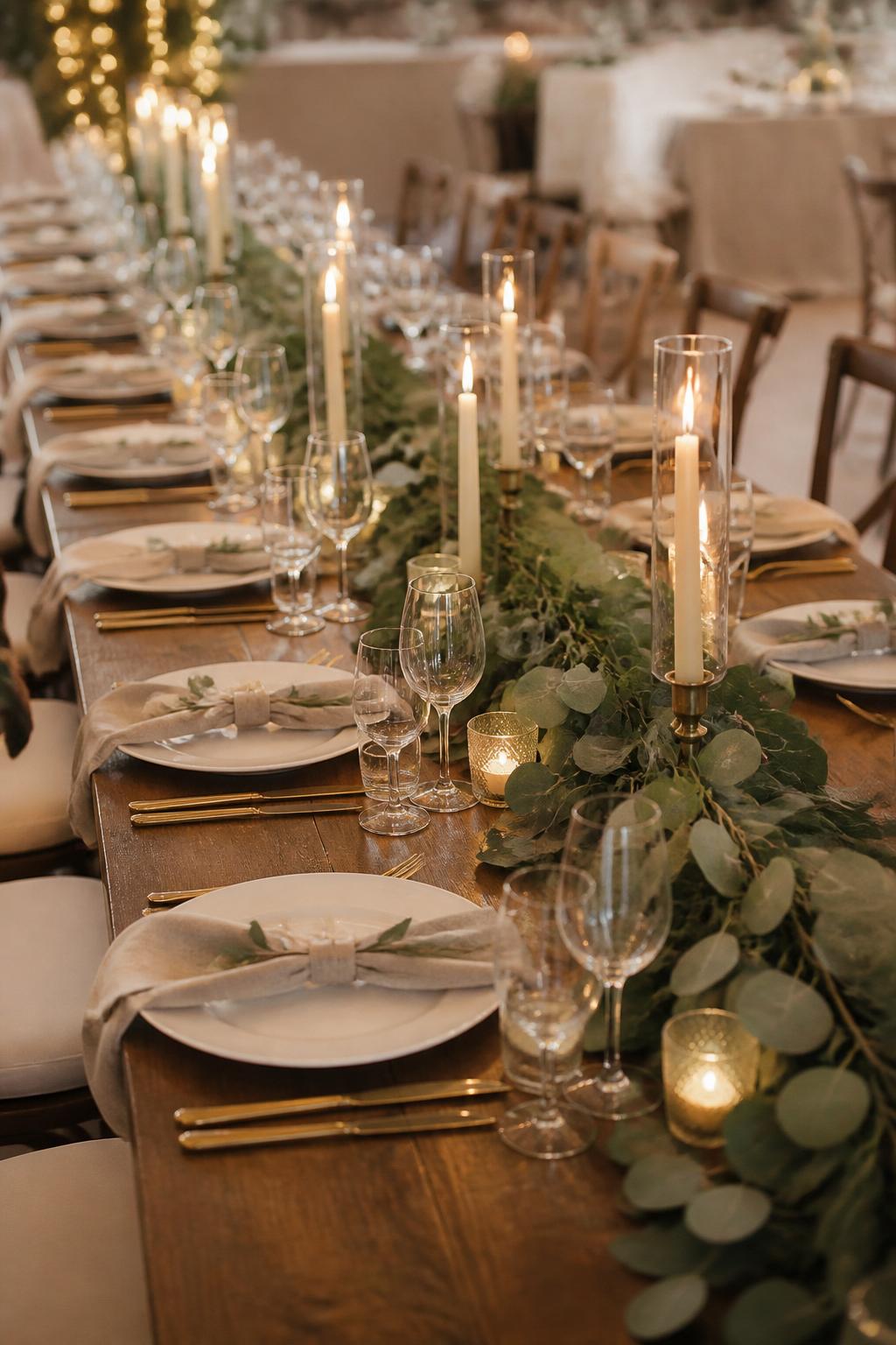 A beautiful wooden wedding table with a lush eucalyptus garland running down the center, paired with ivory taper candles, white plates, gold flatware, clear glassware, and neutral linen napkins. The reception setting is warm, elegant, and softly lit, with no visible faces, no full people, no text, no watermark, realistic editorial wedding photography, (no watermarks on images)