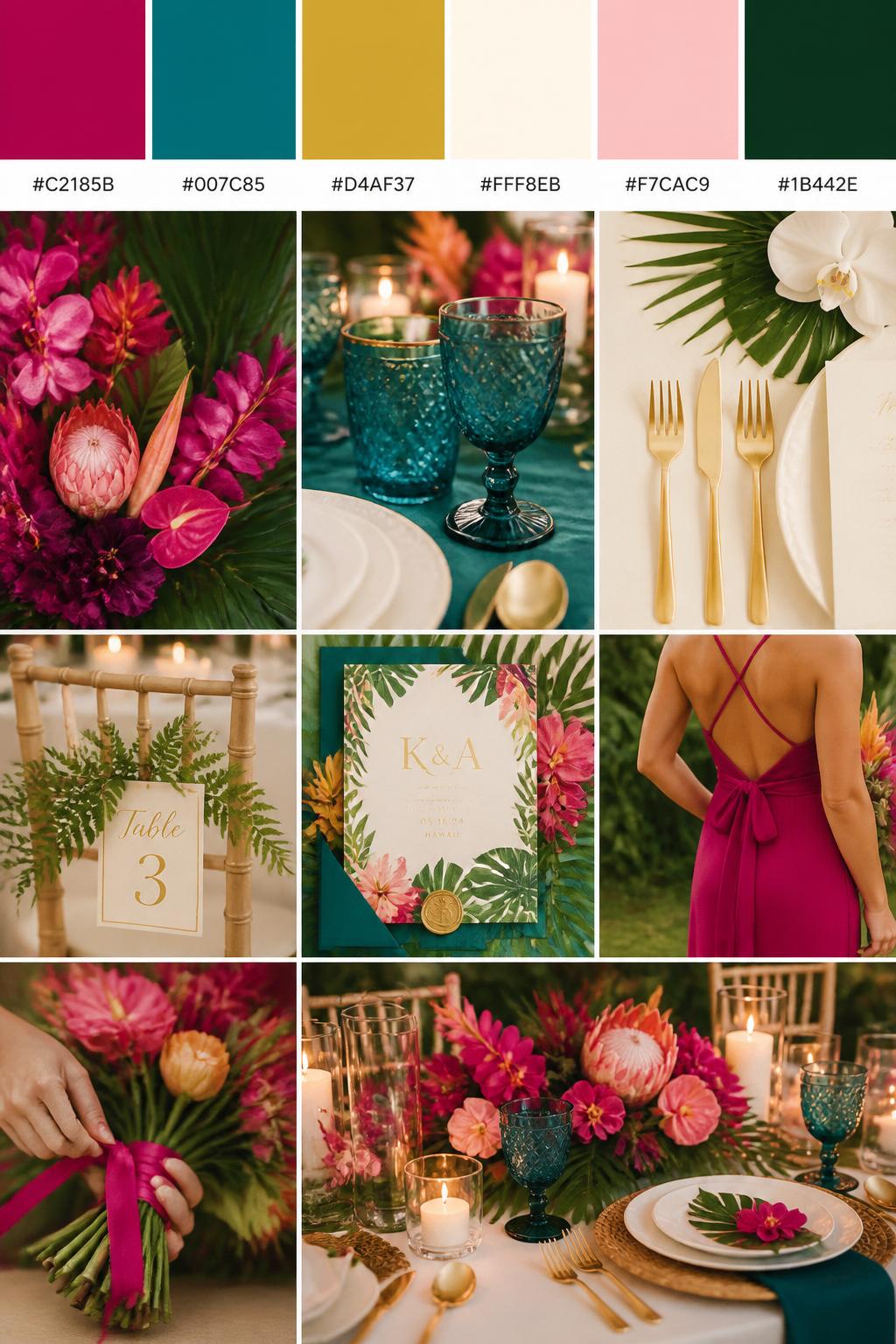 A realistic tropical wedding inspiration mood board with a top row of swatches and small hex codes in fuchsia, teal, soft gold, ivory, blush, and deep green. Under the palette strip, show a beautiful collage of fuchsia flowers, teal glassware or linens, gold flatware, ivory table decor, tropical stationery, a cropped bridesmaid dress image from the neck down, hands tying ribbon around a bouquet, and a romantic table setting with tropical floral accents. Use only back views, side views, detail crops, and no-people decor scenes to avoid face issues. DSLR-style realism, 9:16 vertical format. (no watermarks on images)