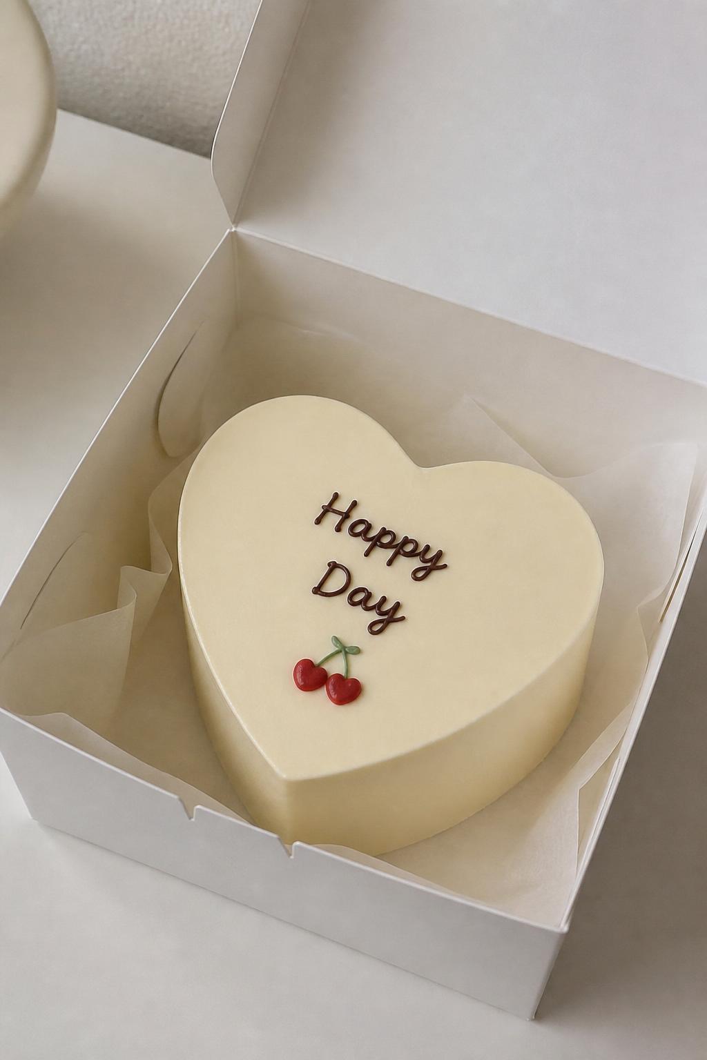 Image Prompt:
A modern Korean style heart shaped bento cake in a white cake box, smooth pale cream frosting, clean finish, tiny cherry or heart detail, simple handwritten icing message, minimal cute styling, soft neutral background, realistic editorial bakery photo, no people, no hands, no faces, no watermarks on images