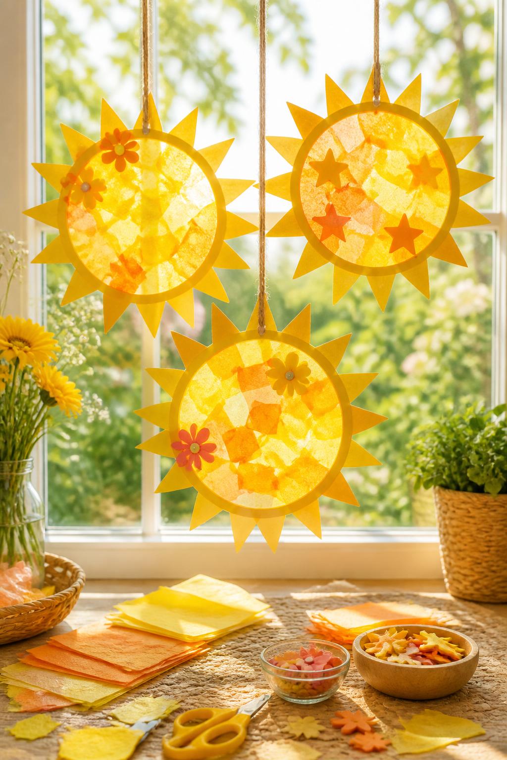 Detailed Image Prompt:
A glowing first day of summer craft photo showing handmade sunshine suncatchers hanging in a bright window, clear contact paper circles filled with yellow and orange tissue paper pieces, paper sun rays around the edge, small flower and star accents, sunlight shining through, craft supplies arranged on the table below, warm cheerful summer style, no people, no faces, no text, no watermark on images.