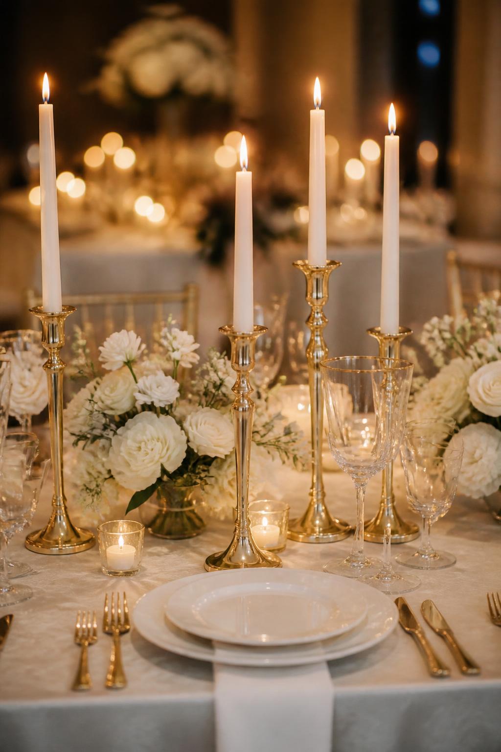 Image Prompt:
An elegant wedding table photo showing gold candle holders in mixed heights with ivory taper candles, low white floral arrangements, white plates, gold flatware, clear crystal glasses, and soft warm candlelight. Romantic indoor reception setting, no visible faces, no text, no watermark, realistic editorial wedding photography, (no watermarks on images)