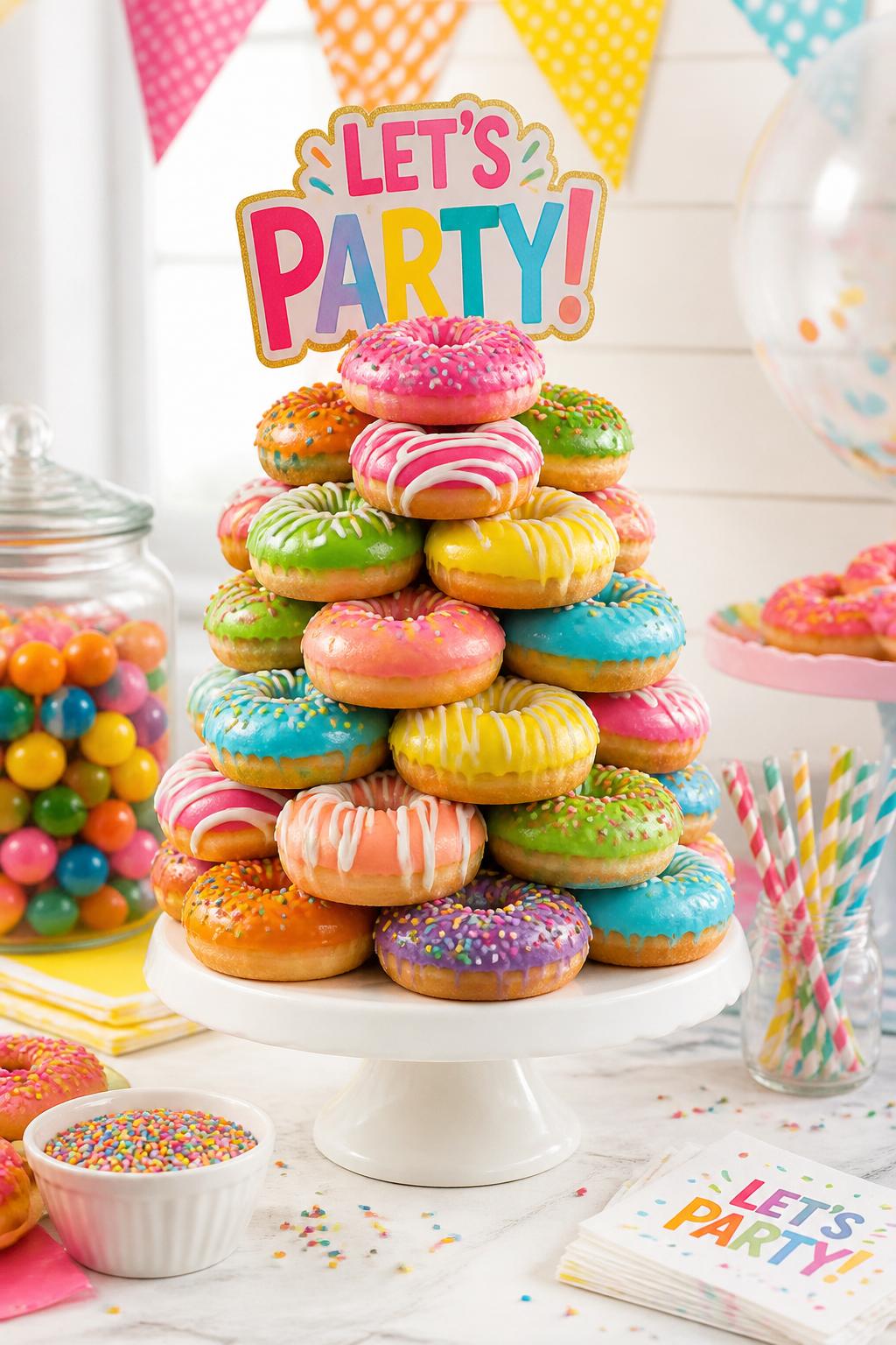 Detailed Image Prompt:
A colorful party donut tower cake with donuts iced in bright pink, yellow, blue, green, and orange, white drizzle, fun sprinkles, and a bold party topper, stacked on a simple white stand, styled on a bright celebration dessert table, realistic editorial dessert photography, no people, crisp natural light, no watermarks on images.