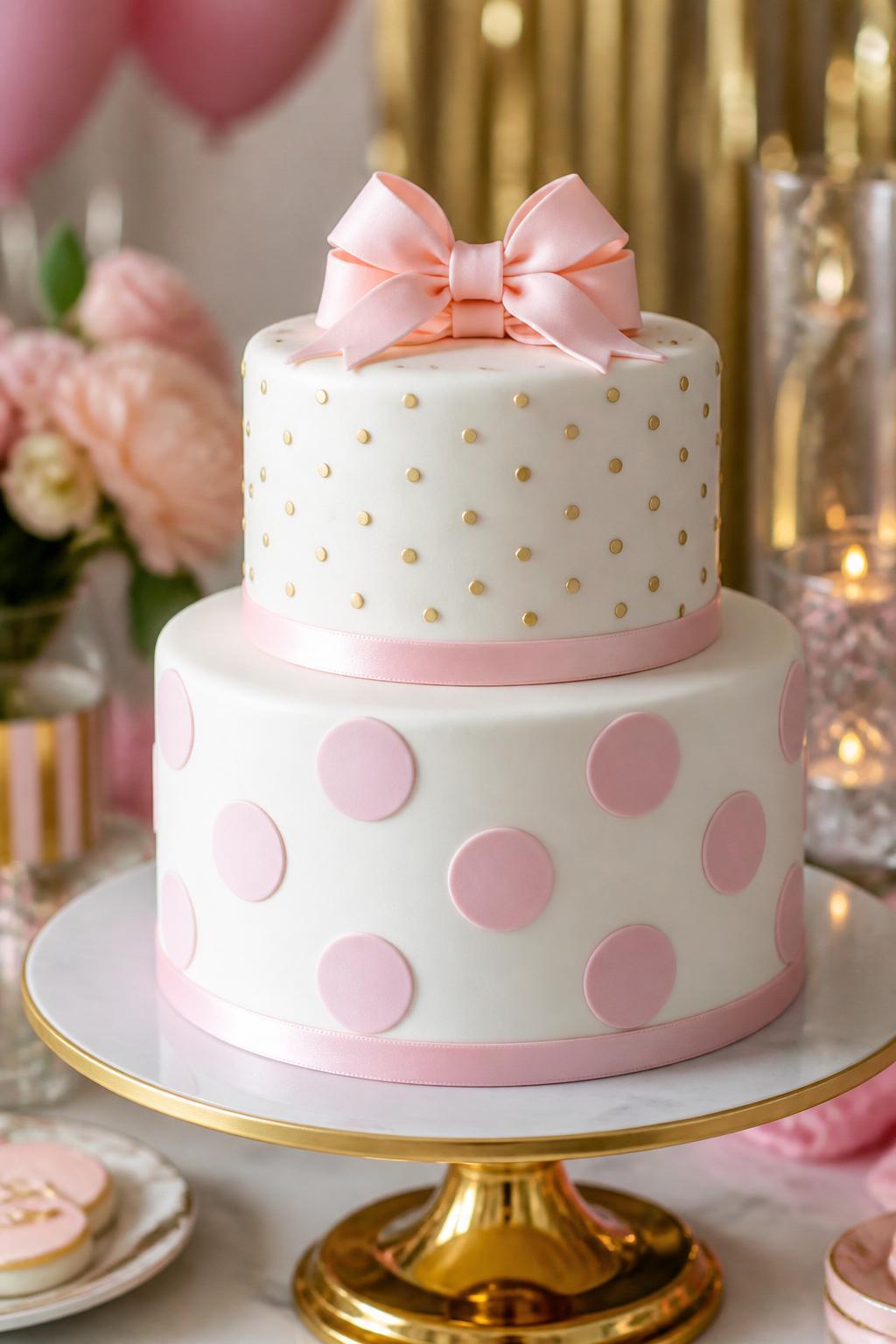 Detailed Image Prompt:
A beautiful two-tier polka dot cake with a smooth white fondant base, large soft pink dots on the bottom tier, tiny gold dots on the top tier, a neat ribbon trim, displayed on an elegant cake stand with party decor in the background, no people, realistic DSLR editorial cake photography, no watermarks on images.
