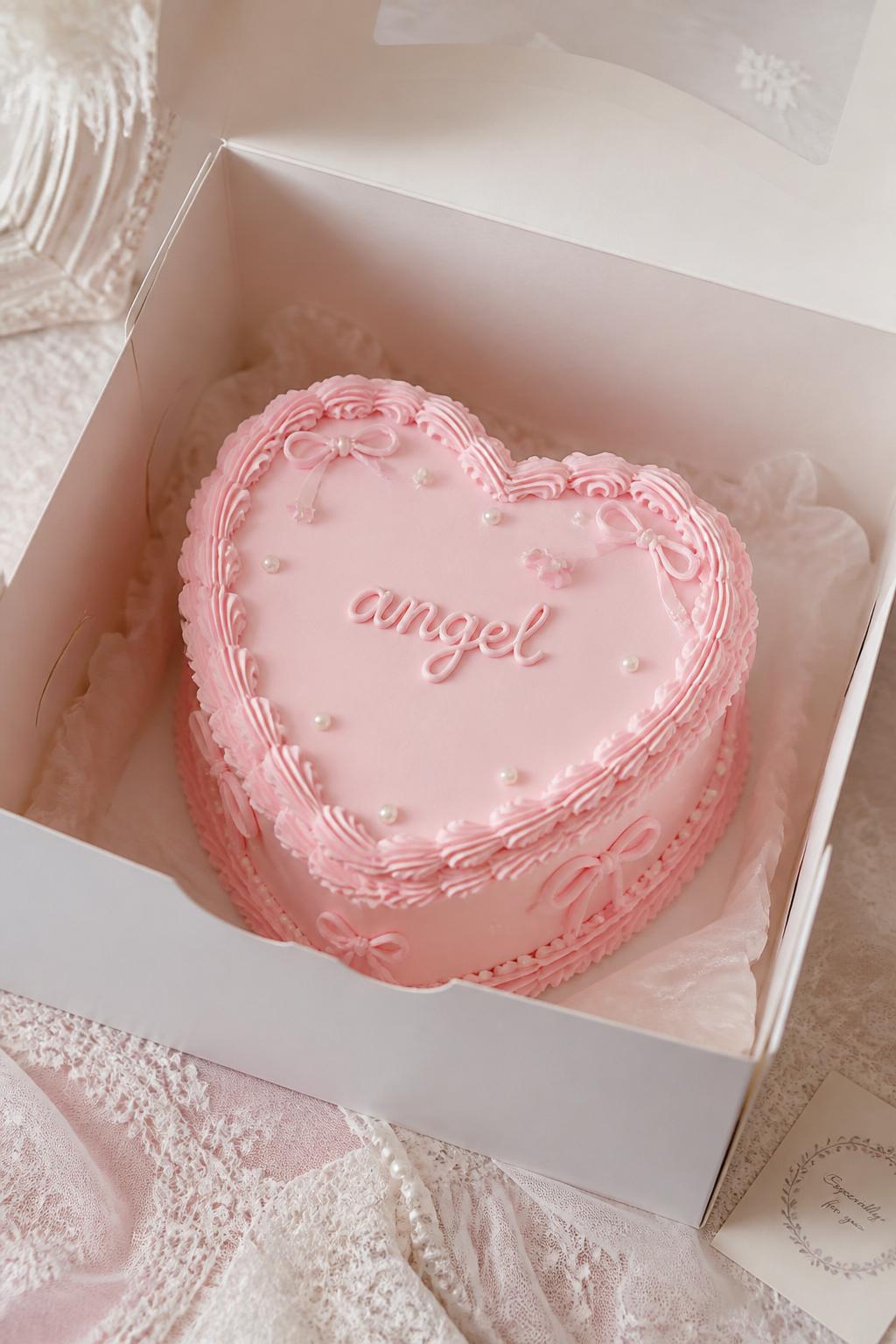 Image Prompt:
A coquette inspired heart shaped bento cake inside an open white cake box, baby pink frosting, tiny ribbon bow details, pearl accents, delicate scalloped border, handwritten icing text reading “angel,” soft lace inspired styling, editorial bakery photography, no people, no hands, no faces, no watermarks on images