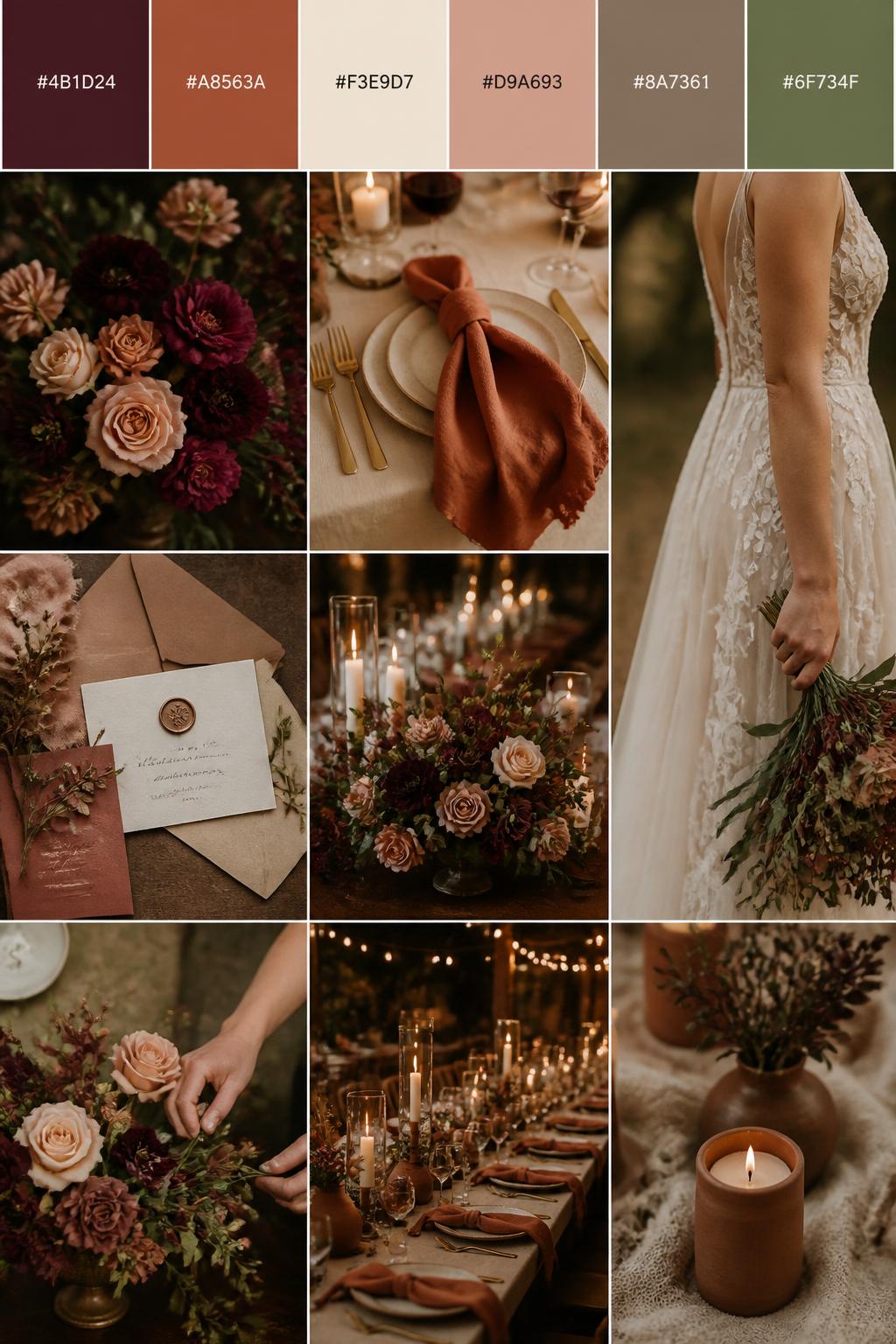 A realistic wedding color palette mood board in a vertical Pinterest collage layout. Add a top strip with hex codes in deep wine, terracotta, cream, dusty peach, warm taupe, and muted olive. Below, show wedding visuals including wine-colored flowers, terracotta napkins, cream linens, warm clay details, earthy stationery, candlelit tables, hands arranging a centerpiece with no face visible, and a side-view dress detail cropped from the shoulder down. The mood should feel cute, warm, dark romantic, and earthy with DSLR-style realism. 9:16 vertical format. No full faces, no extra text except small hex codes. (no watermarks on images)