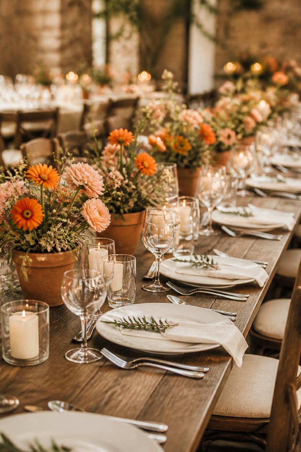Image Prompt:
A warm wedding reception table styled with small terracotta pots filled with orange flowers, peach blooms, and soft greenery. Add white plates, linen napkins, clear glasses, ivory candles, and a rustic elegant reception setting. No visible faces, no text, no watermark, realistic editorial wedding photography, (no watermarks on images)