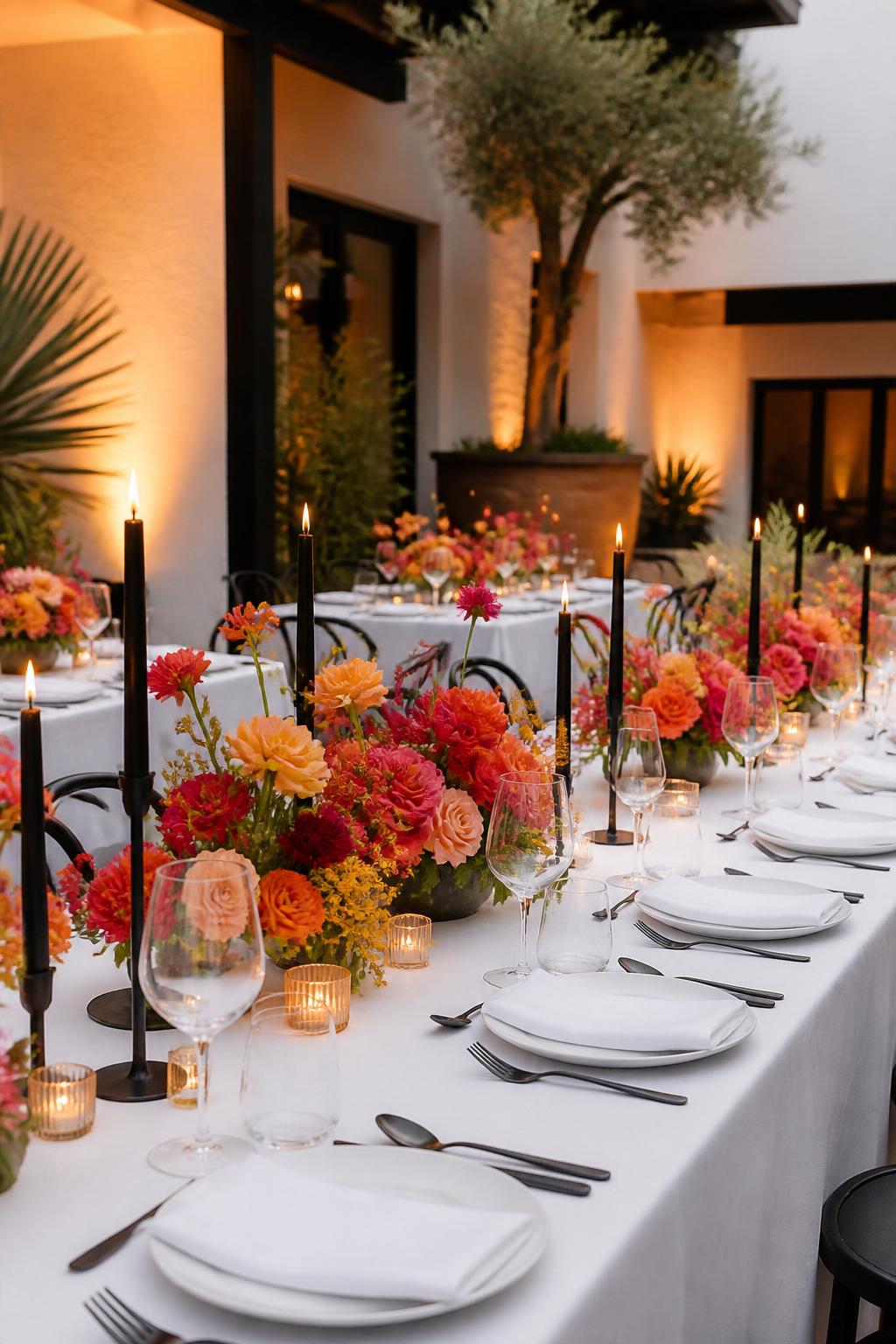 Image Prompt:
A modern Mexican wedding table image featuring crisp white linens, matte black flatware, black taper candles, bright floral centerpieces in pink, orange, yellow, and red, simple white plates, and clear glassware. The venue is a modern courtyard reception with warm lighting, no visible faces, no text, no watermark, professional editorial photography.