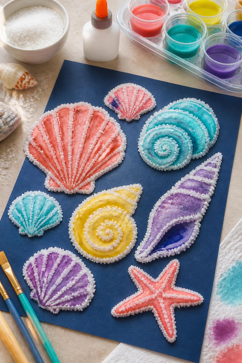 Detailed Image Prompt:
A colorful summer art project photo showing raised salt-painted seashell shapes on dark blue cardstock, white glue seashell outlines covered in salt and painted with liquid watercolor in coral, turquoise, yellow, and purple, paintbrushes, glue bottle, salt bowl, and watercolor cups nearby, beach-inspired art setup, clean editorial photo, no people, no faces, no readable text, no watermark on images.