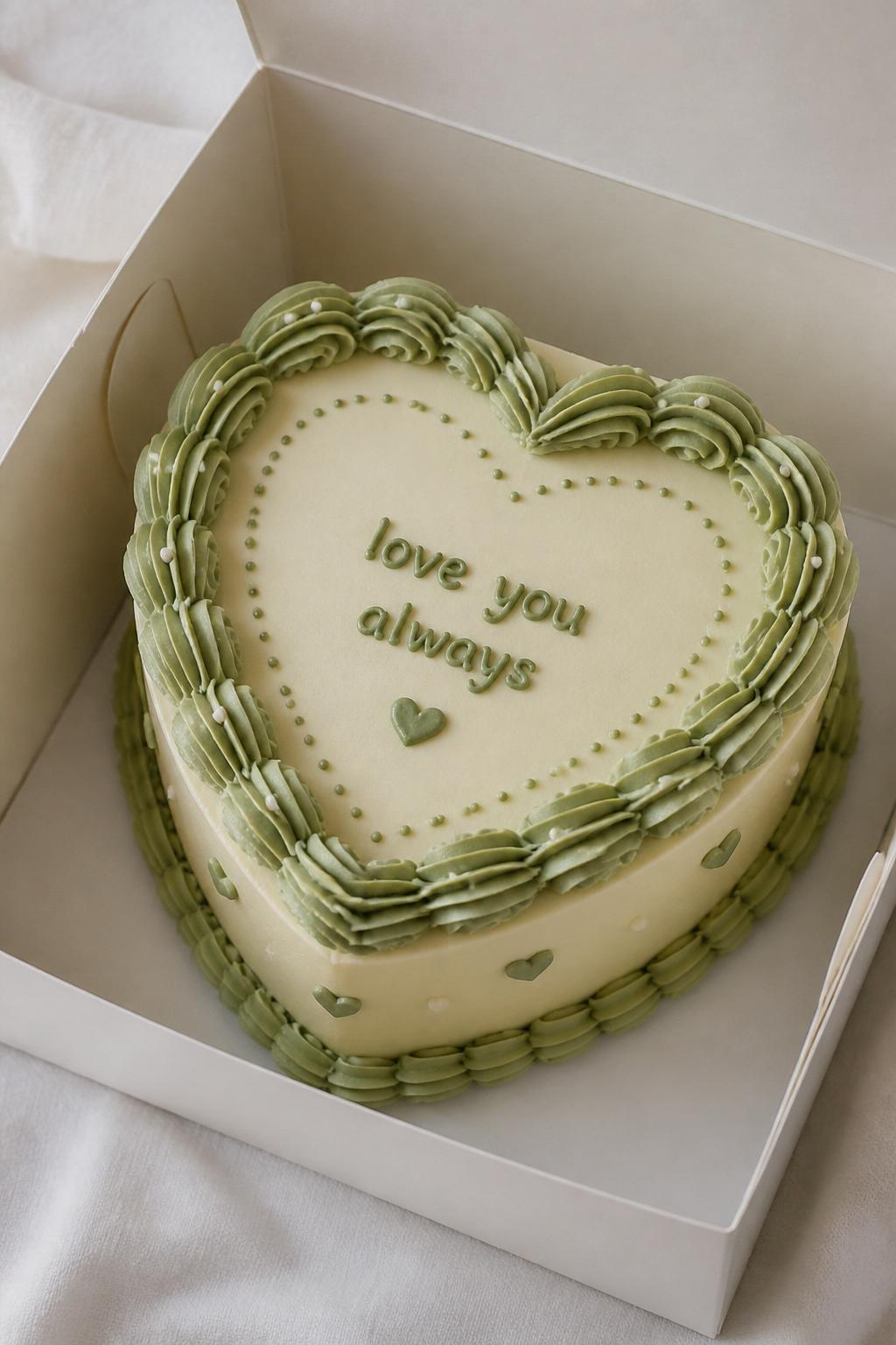 Image Prompt:
A cute green heart frame bento cake inside an open white cake box, smooth cream and sage green frosting, a piped green heart frame around the center, neat message inside the heart, tiny dot border, soft romantic styling, realistic dessert photography, no people, no hands, no faces, no watermarks on images