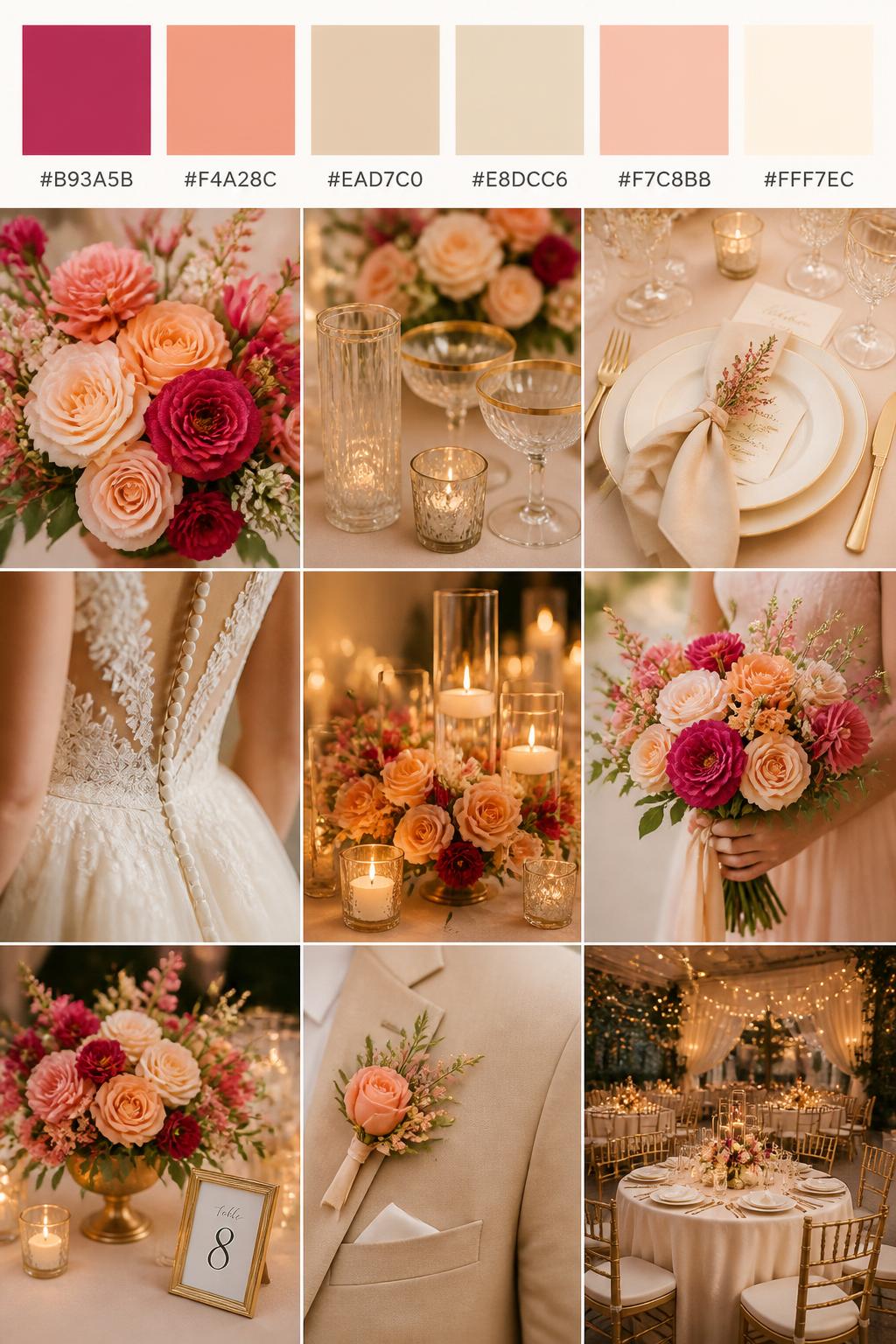 A realistic wedding palette board featuring a top row of color swatches and hex codes in raspberry, peach, champagne, warm beige, pale coral, and cream. Below, show a warm collage of wedding visuals: peach flowers, raspberry florals, champagne glassware, cream place settings, candlelit centerpieces, cropped dress detail shots, bouquet styling in hands-only composition, and no-people reception tables glowing in warm light. Avoid showing faces by using back angles, side crops, waist-up detail framing, and no-people scenes. The collage should feel soft, warm, romantic, and polished with DSLR-quality detail. 9:16 vertical format. (no watermarks on images)