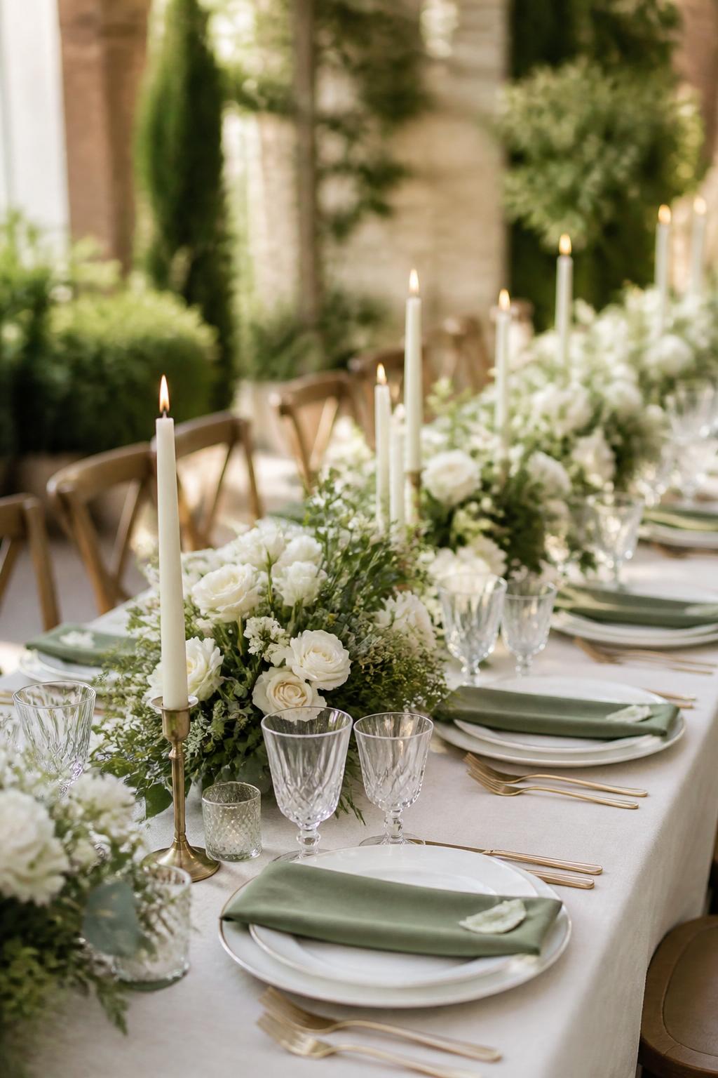 Image Prompt:
A professional editorial wedding reception photo showing a long rectangle wedding table styled with sage green linen napkins, low white floral centerpieces, soft greenery, ivory taper candles, white plates, gold flatware, and clear crystal glasses. Elegant garden or indoor wedding reception setting, no visible faces, no full people, table-focused composition, realistic DSLR wedding photography, no text, no watermark, (no watermarks on images)
