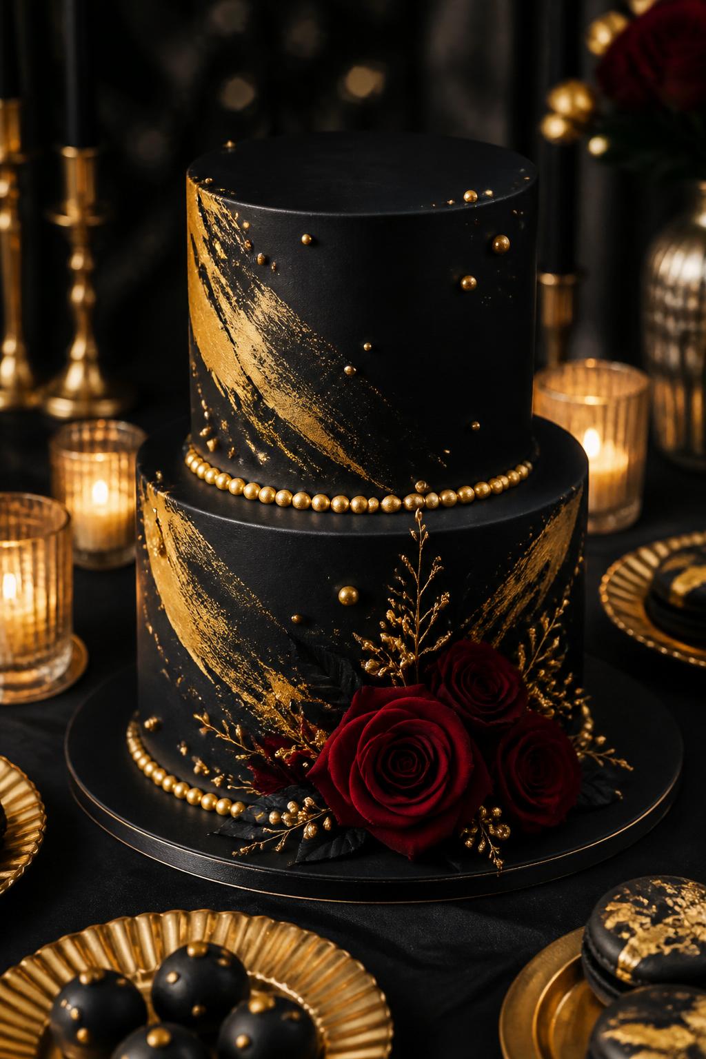 Image Prompt: A dramatic black and gold anniversary cake with matte black fondant, edible gold brush strokes, small gold pearls, and deep red roses at the base. Style it in a moody indoor celebration setting with candlelight, dark linen, and gold dessert plates. Make it look rich, elegant, and modern, with realistic fondant texture, no people, no faces, no text overlay, no watermark. (no watermarks on images)