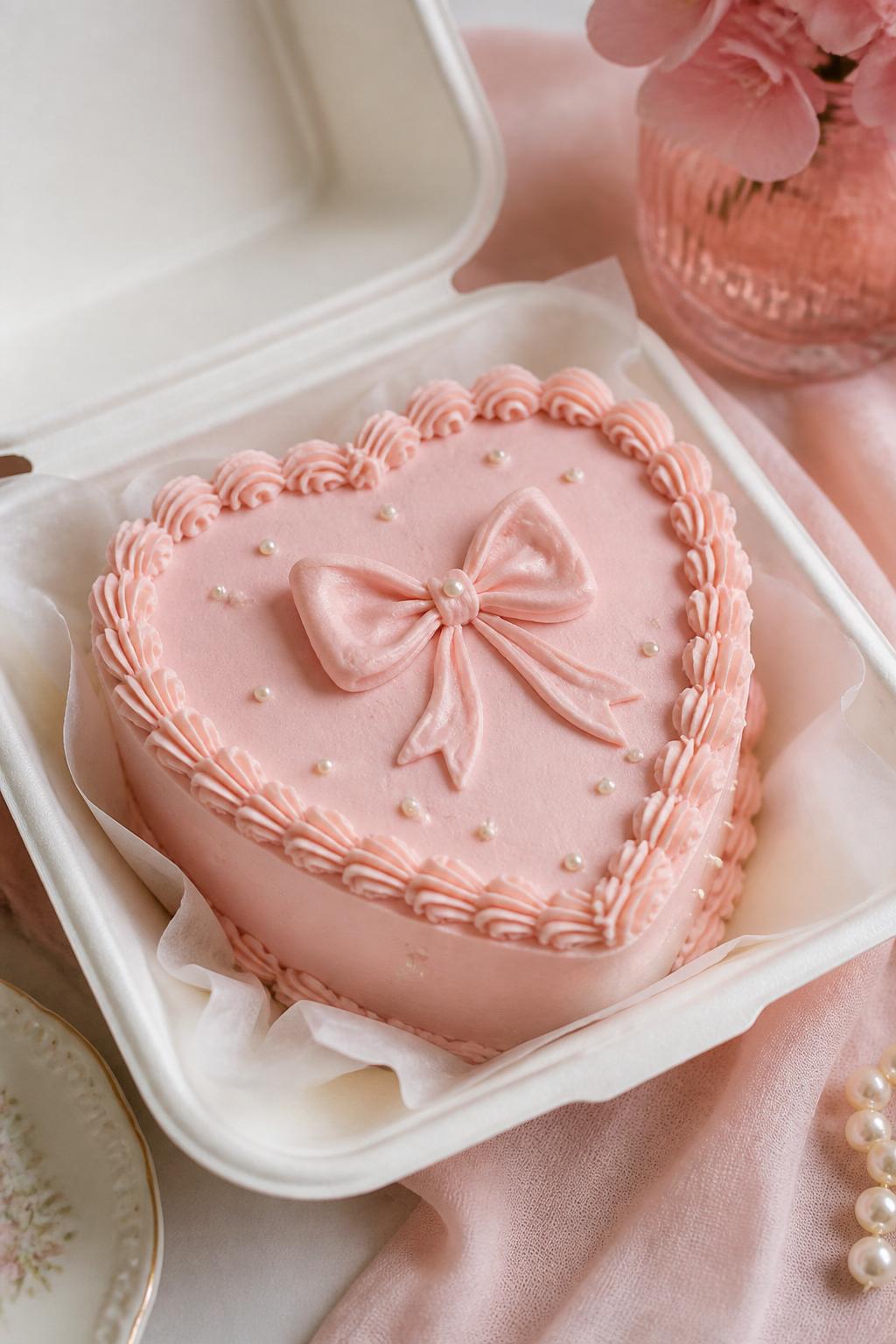 Image Prompt:
A cute heart shaped bento cake inside an open white bento box, pale pink buttercream frosting, a central buttercream bow design on top, tiny pearl sprinkles, delicate piped border, coquette inspired bakery styling, soft pastel backdrop, realistic DSLR dessert photography, no people, no hands, no faces, no watermarks on images