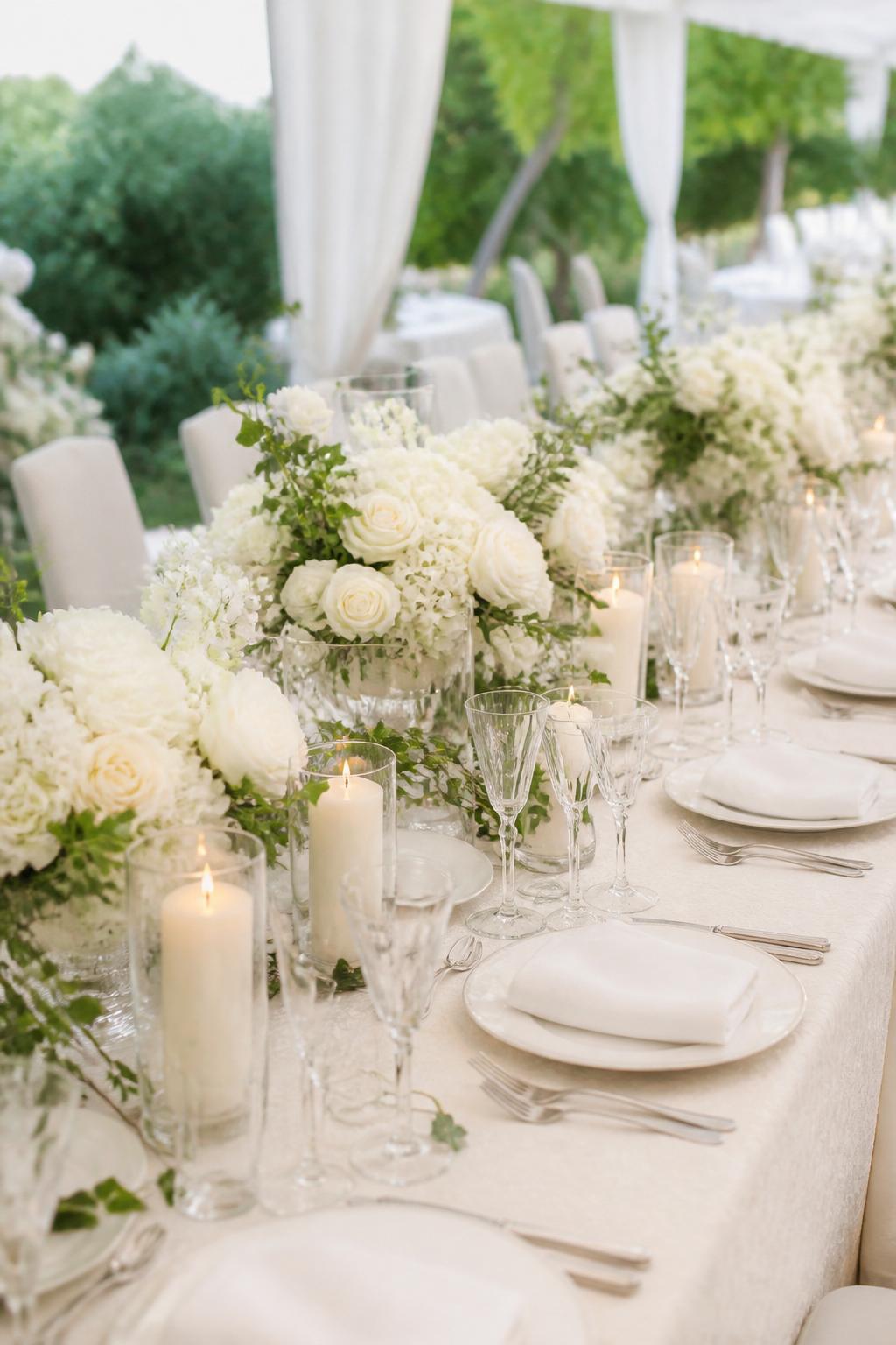 Image Prompt:
A fresh editorial wedding table image showing mostly white table decor with white roses, white hydrangeas, ivory candles, white plates, and a small amount of soft greenery woven through the arrangements. Garden or tented wedding reception setting, no visible faces, no text, no watermark, realistic DSLR photography, (no watermarks on images)
