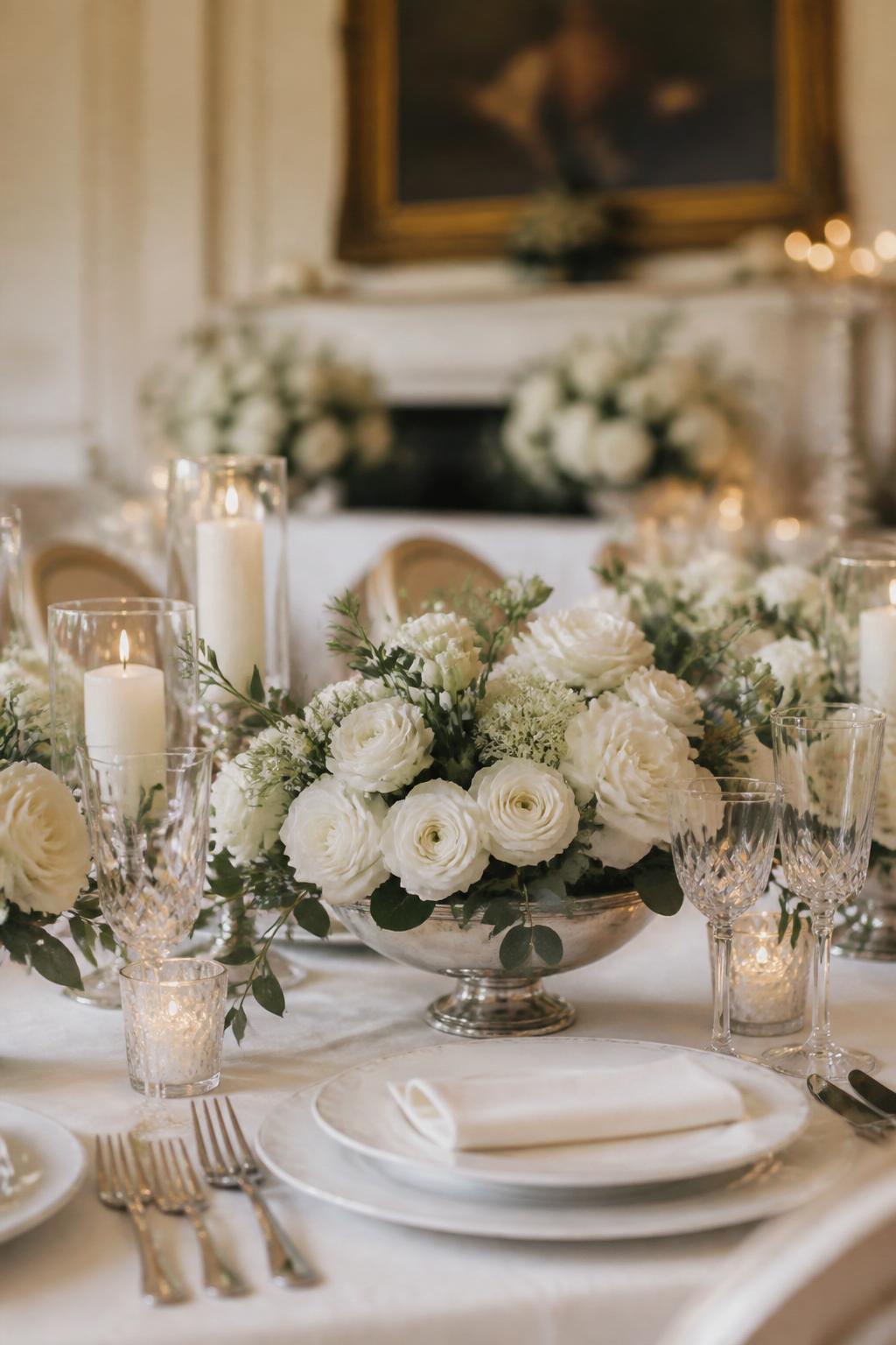Image Prompt:
An elegant old money wedding table photo showing low silver bowls filled with white roses, ivory ranunculus, and soft greenery. Add white linen, silver flatware, crystal glasses, white plates, ivory candles, and refined estate-style reception decor. No visible faces, no text, no watermark, realistic editorial wedding photography, (no watermarks on images)