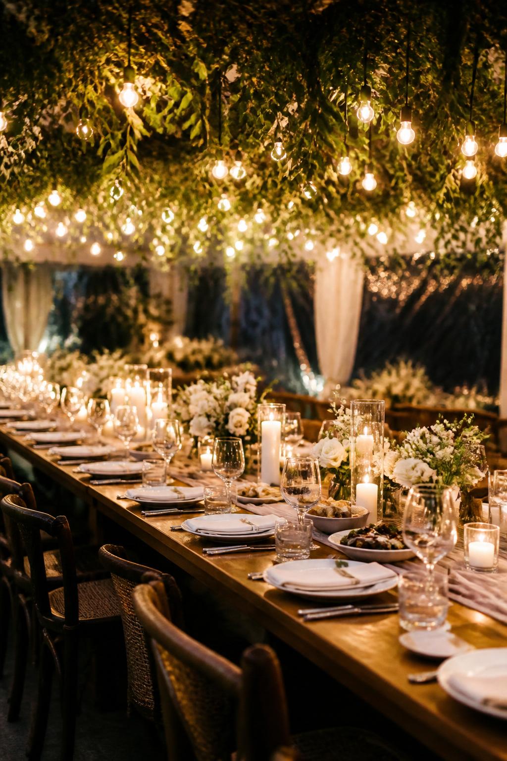 Image Prompt:
A dreamy family style wedding dinner setup showing a long table beneath hanging greenery and soft string lights, with the tabletop styled simply with low flowers, candles, white plates, linen napkins, shared serving platters, and clear glassware. Outdoor tented or indoor reception setting, no visible faces, no full people, table and hanging greenery focused, no text, no watermark, realistic DSLR wedding photography, (no watermarks on images)