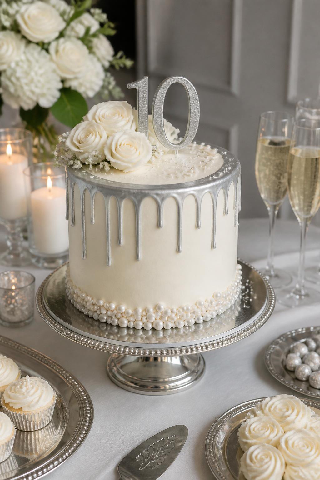 Image Prompt: A modern 10th anniversary cake with smooth white buttercream, a neat metallic silver drip, white roses, pearl sprinkles, and a simple silver “10” topper. Style it on a polished dessert table with silver dessert plates, candles, champagne glasses, and soft neutral florals. Make it modern, pretty, and realistic, no people, no faces, no watermark. (no watermarks on images)