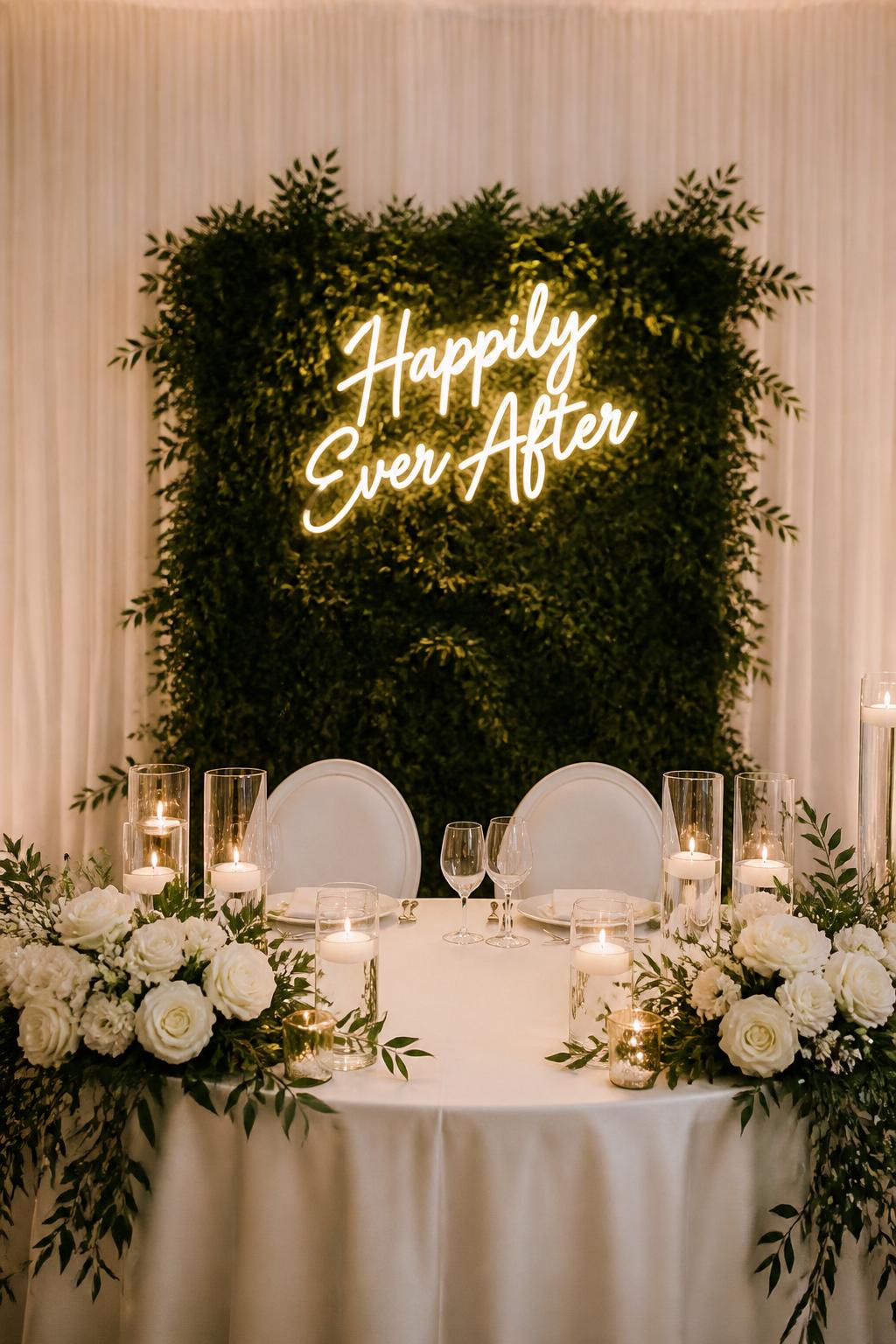 Image Prompt:
A stylish wedding reception photo showing a sweetheart table placed in front of a greenery wall or soft draped backdrop with a glowing neon-style romantic sign above it. The table is styled with candles, white flowers, clear glassware, and clean elegant place settings. No visible faces, no full people, no watermark text, realistic editorial wedding photography, (no watermarks on images)