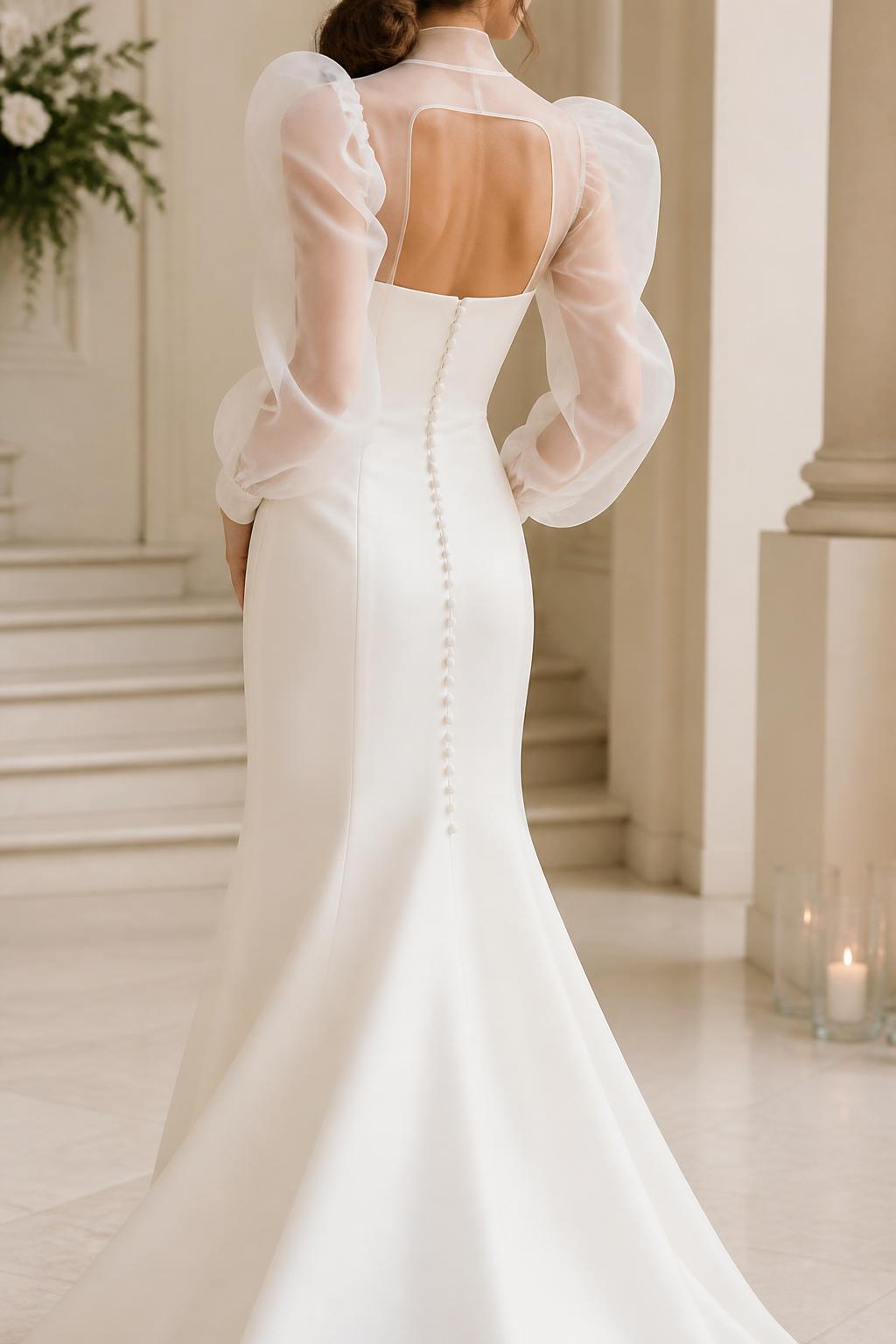 Image Prompt: A stylish bridal editorial image of a square neck wedding dress paired with a sheer organza bolero featuring soft puff sleeves. Show the bride cropped from the neck down or from a back-side view with the face fully hidden. The dress is elegant and structured, while the bolero adds airy volume and a romantic shape. Photograph in a clean editorial bridal space or softly lit chapel with realistic organza texture, professional magazine quality, no visible face, no text, no watermark. (no watermarks on images)