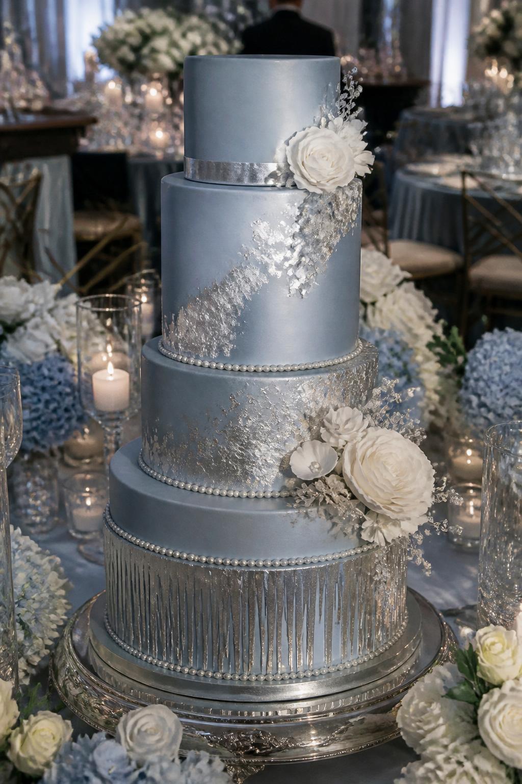 Image Prompt: Ultra-realistic wedding reception photo of a silver and blue metallic wedding cake with smooth dusty blue, navy, or pale blue tiers, delicate silver leaf accents, silver trim, pearl details, and white floral touches. Place the cake on a luxury wedding cake table with candles, blue and white floral centerpieces, crystal glassware, champagne flutes, fine linens, and a softly blurred formal reception background. Keep the cake as the clear main focus. No visible faces. If people appear, show only cropped hands, back views, side views, or neck-down figures. Realistic silver shine, blue icing texture, soft evening DSLR photography. (no watermarks on images)