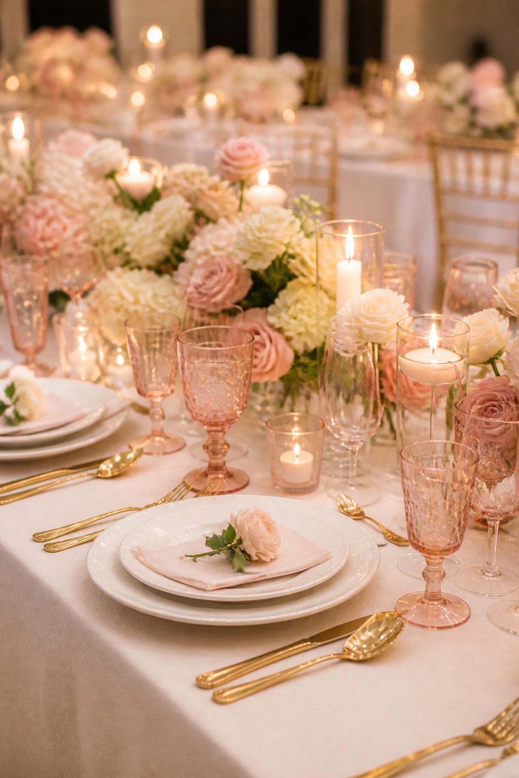 A stylish wedding table image showing pink-tinted glassware, white plates, ivory linen, blush floral centerpieces, gold flatware, and soft candles. Elegant reception setting with a fresh romantic mood, no visible faces, no text, no watermark, professional DSLR editorial photo, (no watermarks on images)
