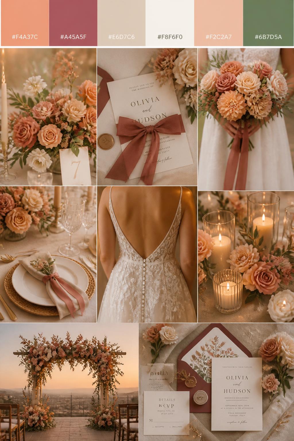 A realistic wedding color mood board in a vertical collage style. Add a top strip of palette swatches with hex codes in apricot, rosewood, soft beige, ivory, muted peach, and olive green. Below, show realistic wedding details like apricot florals, rosewood ribbon, soft beige table styling, romantic candlelight, elegant invitations, a bouquet held at waist level with no face shown, back-view bridal detail shots, and a warm ceremony setup with sunset-inspired flowers. Use no clear faces, with a mix of cropped body details, hands-only shots, and no-people flat lay styling. The look should feel soft, romantic, warm, and polished with DSLR realism. 9:16 vertical format. (no watermarks on images)