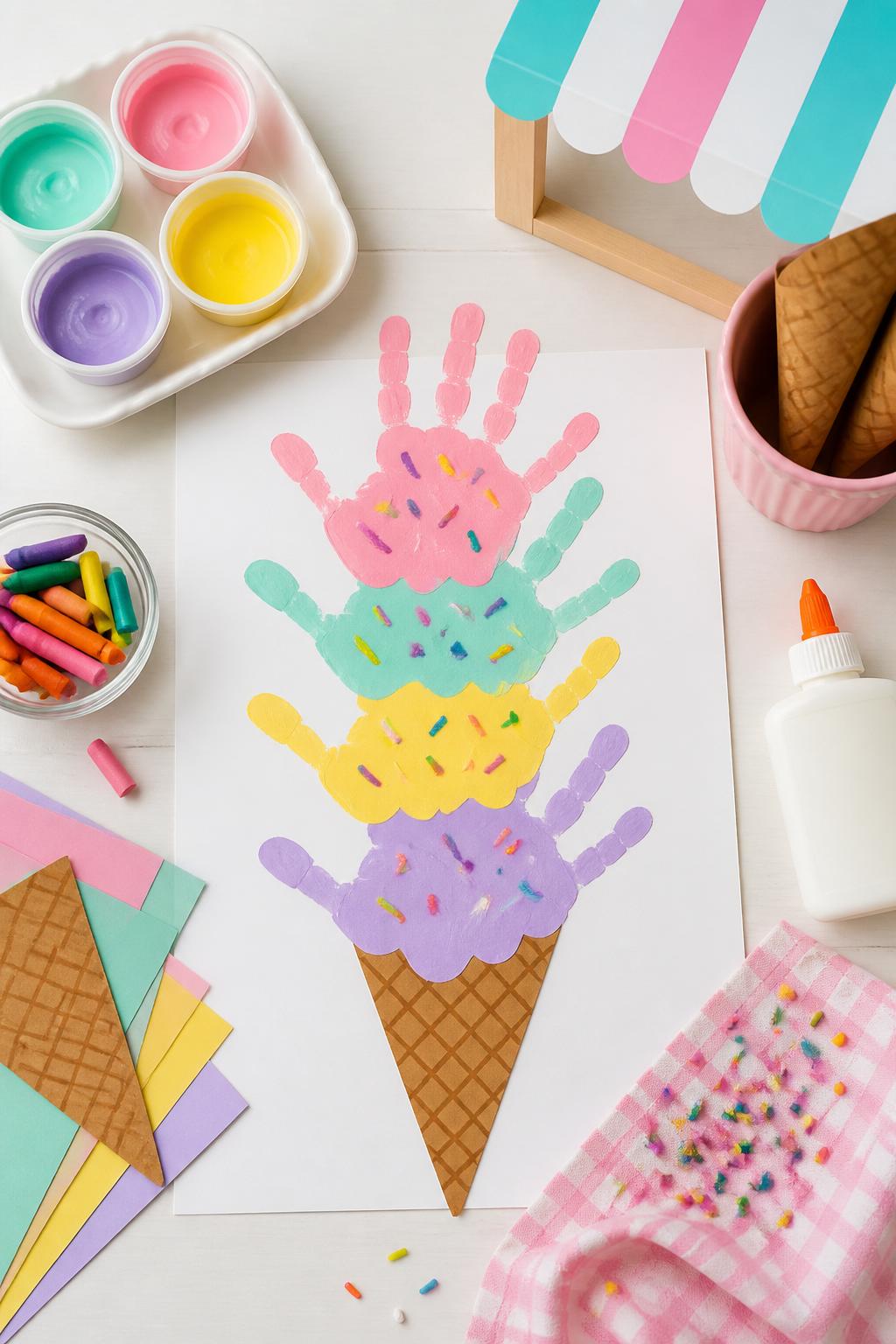 Detailed Image Prompt:
A sweet summer dessert craft photo showing handprint ice cream cone art, brown paper cone with painted handprint scoops in pink, mint, yellow, and lavender stacked above it, crayon sprinkle details, washable paint cups, paper cone shapes, and glue nearby, clean bright craft table, playful ice cream shop mood, no people, no faces, no readable text, no watermark on images.