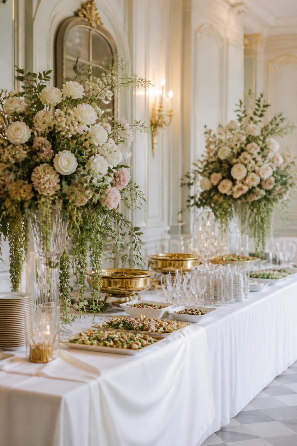 Image Prompt:
A classy wedding buffet table with large floral arrangements placed at each end of the table, using white roses, blush flowers, greenery, and soft trailing stems. The center of the table has elegant serving platters, white linen, gold serving pieces, and clear glassware. Refined reception setting, no visible faces, no text, no watermark, professional editorial wedding photo.