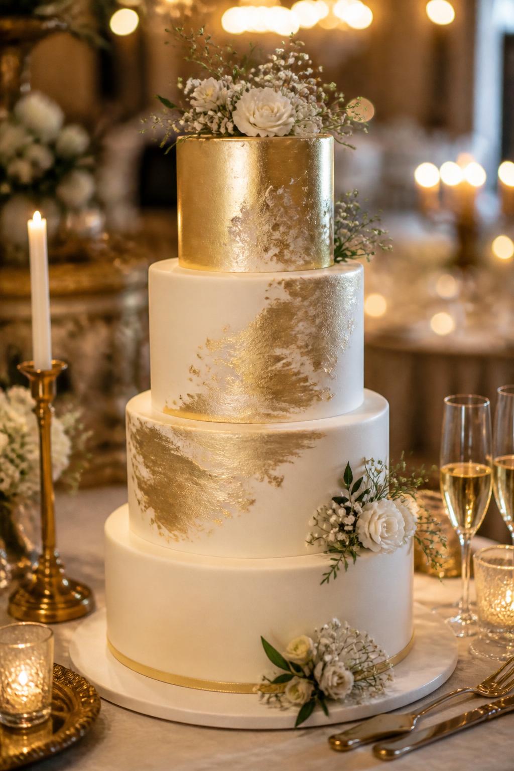 Image Prompt: Ultra-realistic wedding party photo of a brushed gold metallic wedding cake with smooth white or ivory tiers and artistic brushed gold texture across one or more tiers. Add small white flowers, delicate greenery, and refined trim for a polished wedding finish. Style the cake on a luxury reception cake table with candles, gold decor, champagne glasses, fine linens, and a softly blurred wedding venue backdrop. Keep the cake as the main focus. No visible faces. If guests appear, show only back views, side views in blur, cropped hands, or neck-down figures. Realistic brushed gold texture, smooth icing finish, warm DSLR wedding lighting. (no watermarks on images)