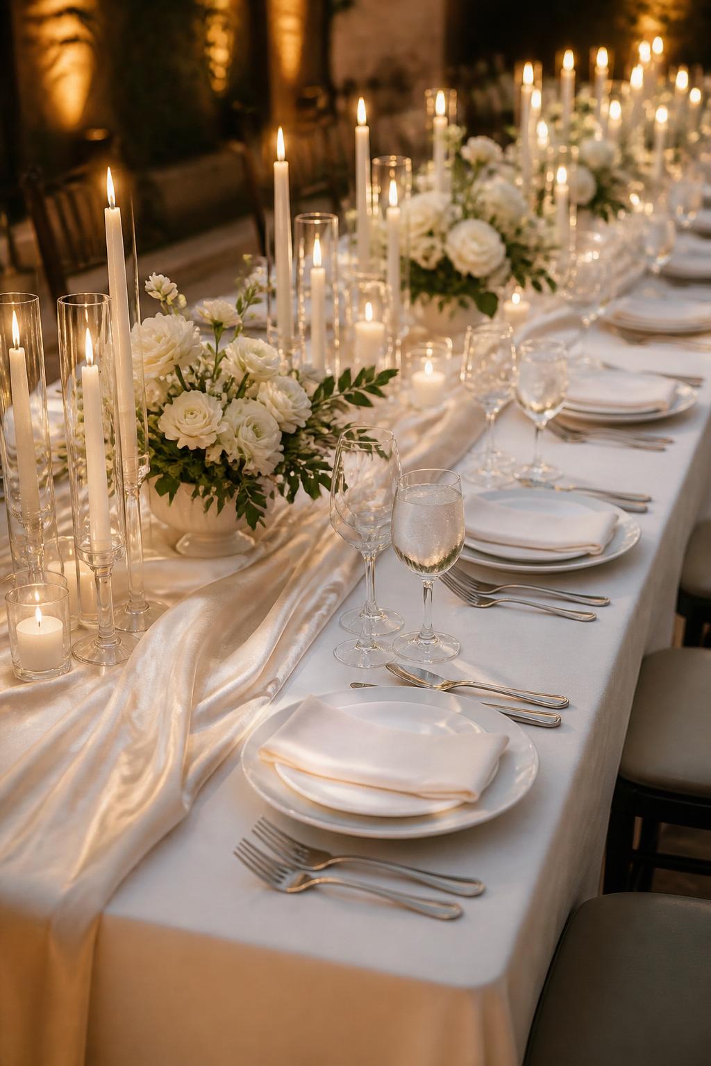 Image Prompt:
A refined wedding table image featuring a long rectangle table with a flowing satin runner in soft ivory, tall taper candles in glass holders, small low floral arrangements, white plates, silver flatware, folded napkins, and clear glassware. The reception space has warm lighting and a polished romantic mood, no visible faces, no text, no watermark, DSLR editorial wedding photo.