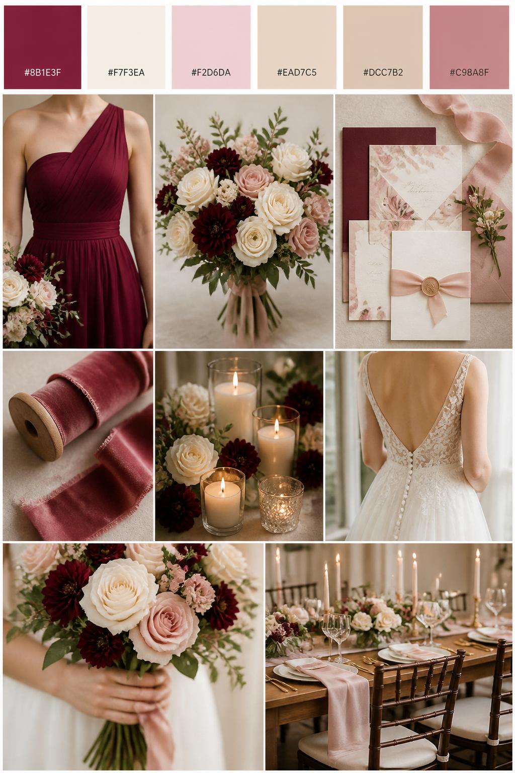 Image Prompt:
A realistic raspberry wedding theme mood board in a Pinterest-style collage layout. Add a top row of clean color swatches with small hex codes in raspberry, ivory, blush pink, soft champagne, warm beige, and dusty rose. Below the swatches, create a polished collage of wedding details: raspberry bridesmaid dress fabric cropped from the neck down, ivory bouquets with raspberry floral accents, silk ribbon, elegant stationery, soft candles, a back-view bridal detail, hands holding a bouquet, and a no-people reception table scene. Use side views, back views, cropped detail shots, hands-only styling, and no-people scenes to avoid showing faces. Soft natural light, romantic DSLR-style realism, 9:16 vertical format. No extra text except small hex codes on the palette strip. (no watermarks on images)