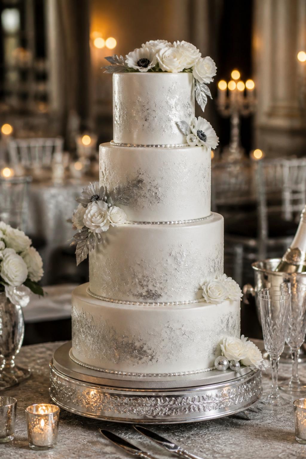 Image Prompt: Ultra-realistic wedding party scene featuring a silver metallic wedding cake with smooth white or ivory tiers, delicate silver leaf accents, thin silver trim, pearl details, and soft white flowers. Place the cake on an elegant reception cake table with candles, crystal glassware, silver decor, champagne flutes, fine linens, and a softly blurred formal wedding venue background. Keep the cake front and center. No visible faces. If guests appear, show only hands, back views, side views in blur, or cropped neck-down figures. Realistic silver shine, smooth icing texture, soft candlelit DSLR wedding photography. (no watermarks on images)