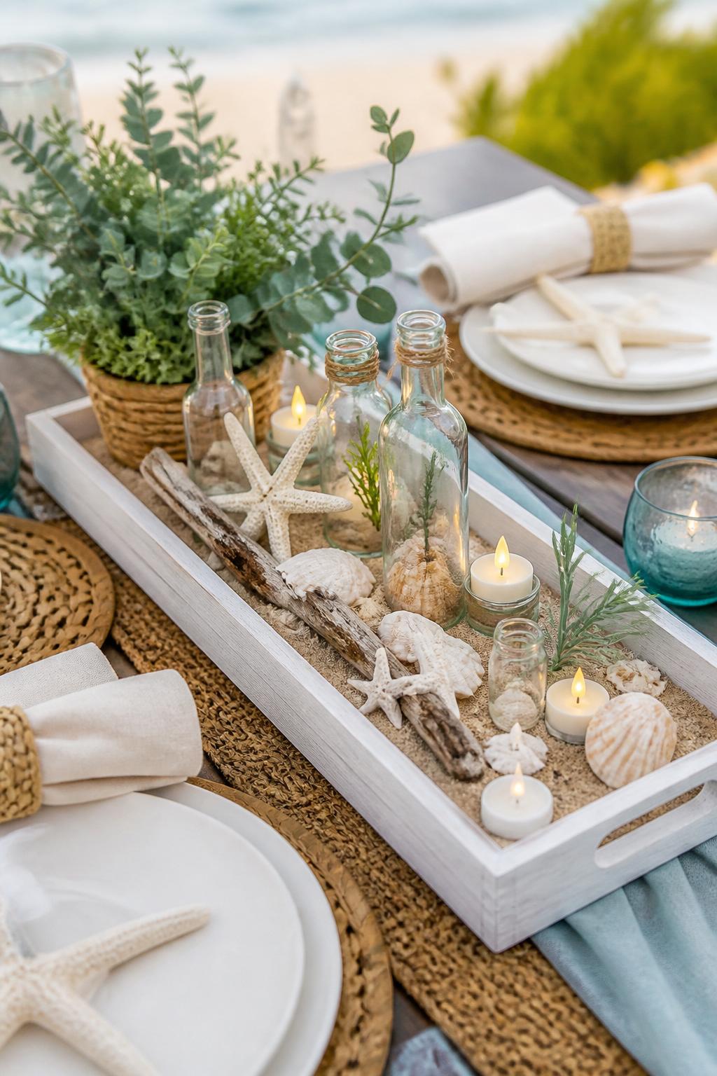 Detailed Image Prompt:
A polished summer craft photo showing a Dollar Tree tray turned into a beach centerpiece, shallow tray filled with craft sand, shells, mini glass bottles, battery tea lights, faux greenery, and small driftwood pieces, styled on an outdoor table with white plates and linen napkins nearby, calm coastal summer tablescape, no people, no faces, no readable text, no watermark on images.