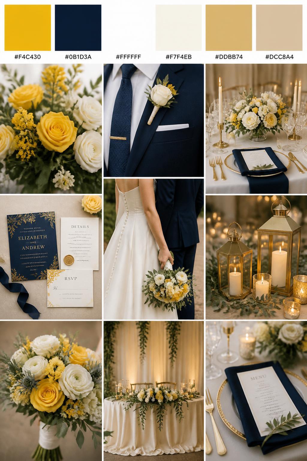 A realistic wedding palette mood board in a polished Pinterest collage layout. Include a top strip of color swatches with hex codes in golden yellow, navy blue, white, ivory, soft gold, and warm beige. Below, show a refined collage with golden yellow flowers, navy suit details, white florals, polished table styling, invitation flat lays, candlelit details, a side-view cropped couple shot with no faces visible, bouquet close-ups, and softly lit decor scenes. Keep variety in the compositions with no full faces, using back views, hands-only images, and no-people styling scenes. The mood should feel classic, bright, and elegant with real DSLR photo quality. 9:16 vertical format. (no watermarks on images)