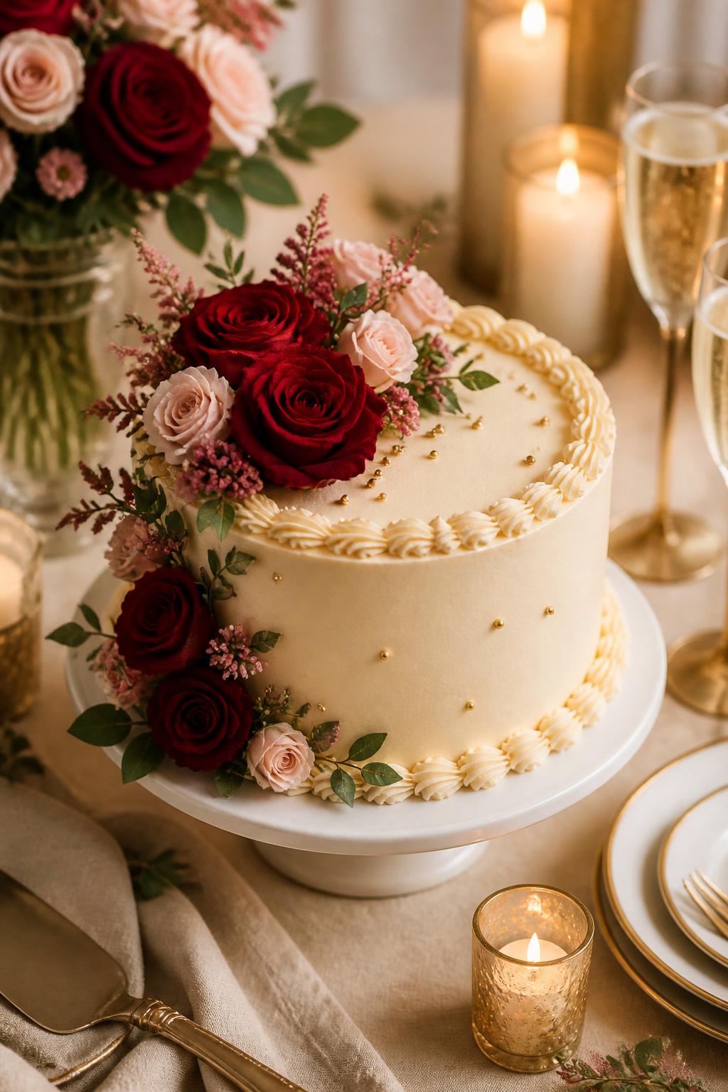 Image Prompt: A cute ruby wedding anniversary cake with smooth champagne buttercream, deep ruby roses, blush flowers, soft greenery, tiny gold pearls, and delicate piped borders. Style it on a warm dessert table with candles, gold-rimmed plates, champagne glasses, and neutral linen. Make it romantic, soft, and realistic, no people, no faces, no text overlay, no watermark. (no watermarks on images)