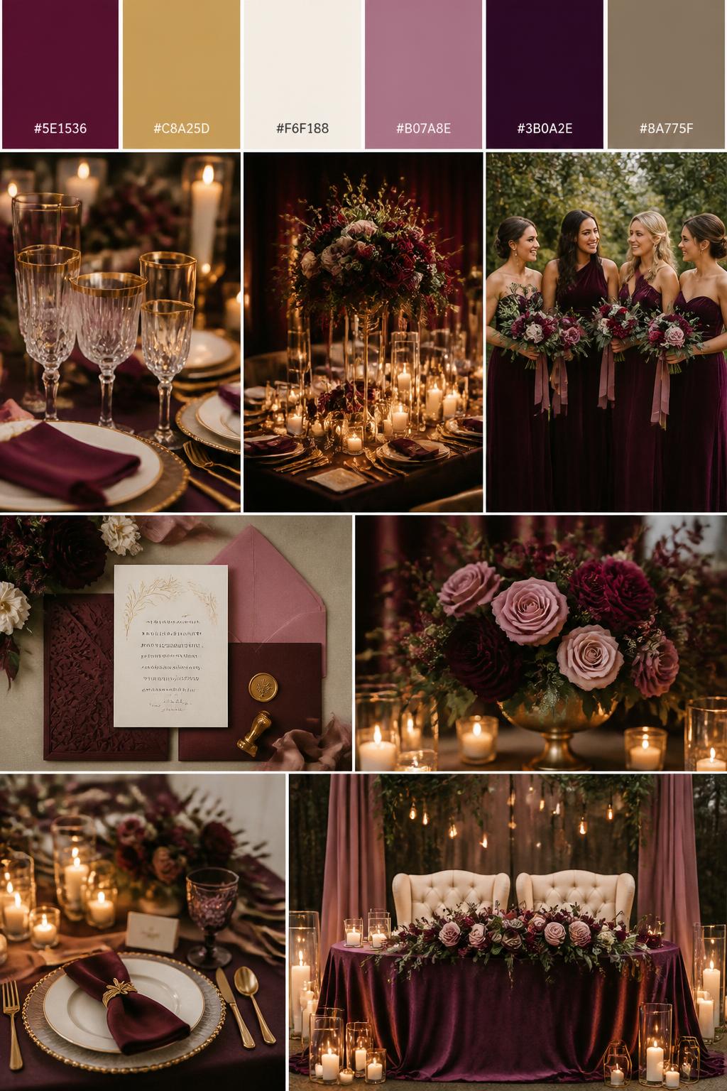 A luxurious wedding palette mood board with a top strip of color swatches and hex codes in mulberry, antique gold, cream, mauve, deep plum, and warm taupe. Under the swatches, create a realistic collage of wedding details: gold-rimmed glassware, candlelit reception styling, mulberry florals, bridesmaid dresses in deep berry tones, elegant paper goods, gold accents on flatware and signage, and a romantic sweetheart table. The mood should feel rich, elegant, and slightly formal with DSLR photo realism. 9:16 vertical format. No extra text except small hex codes on the palette strip. (no watermarks on images)