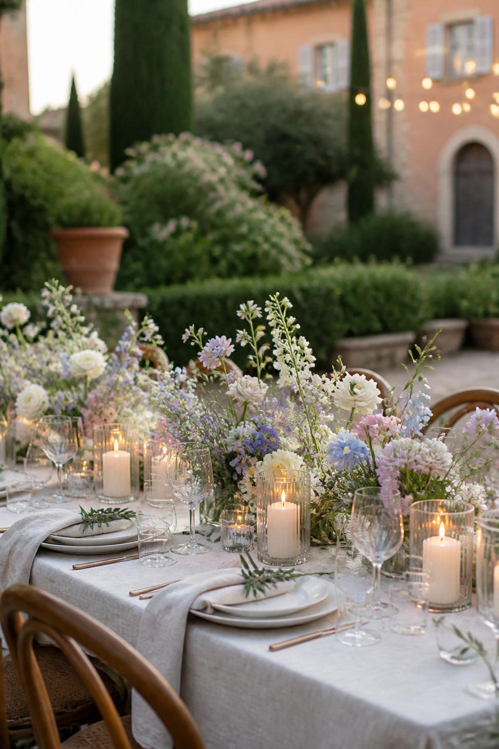 Image Prompt:
A pretty Italian garden wedding table decorated with loose wildflowers in white, pale yellow, blush, lavender, and soft blue, mixed with olive branches, ivory candles, natural linen, ceramic plates, and clear wine glasses. Outdoor villa garden reception setting, no visible faces, no text, no watermark, realistic editorial wedding photography, (no watermarks on images)