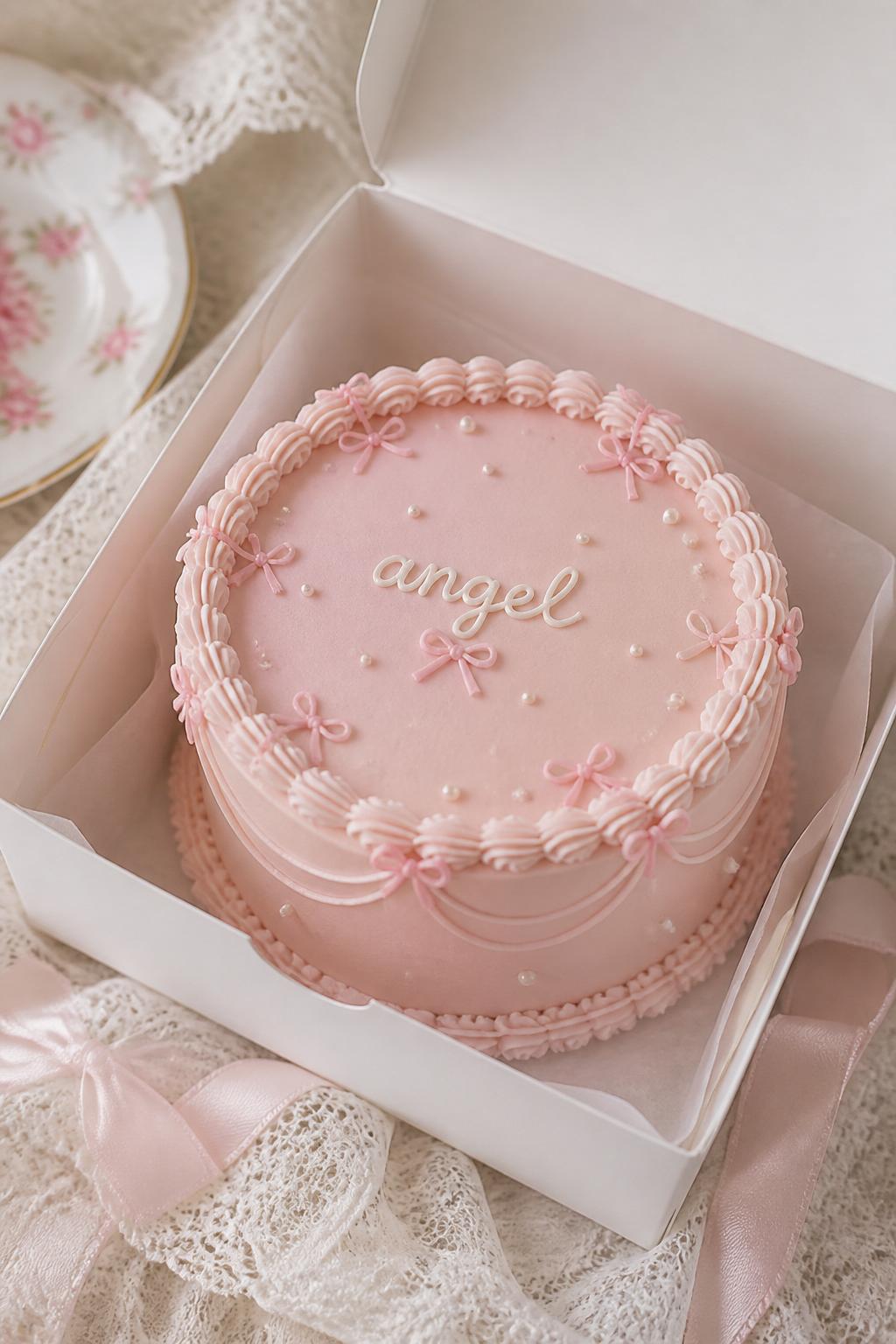 A coquette inspired pink ribbon bento cake in an open white cake box, baby pink frosting, tiny ribbon bow details, pearl accents, delicate scalloped border, handwritten icing text reading “angel,” soft lace inspired styling, editorial bakery photography, no people, no hands, no faces, no watermarks on images