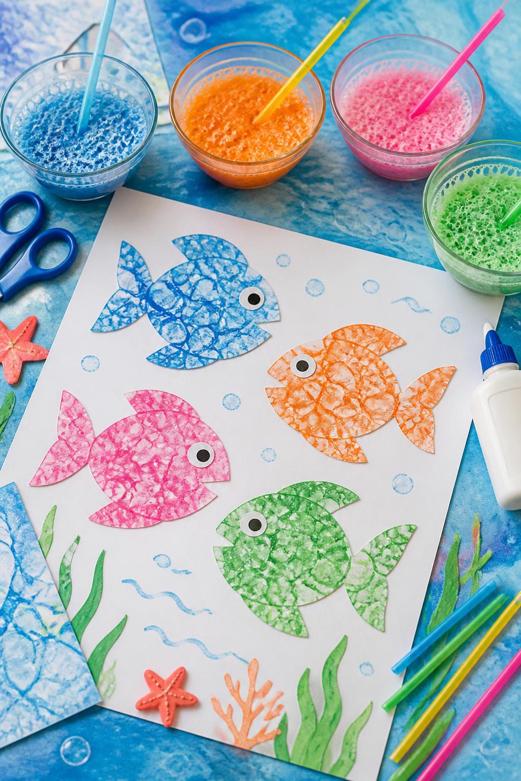 Detailed Image Prompt:
A playful summer art photo showing colorful bubble-painted fish cutouts on white paper, fish shapes filled with soft bubble texture in blue, orange, pink, and green, bowls of bubble paint, straws, scissors, and glue nearby, ocean-themed kids’ art table, bright natural light, no people, no faces, no readable text, no watermark on images.