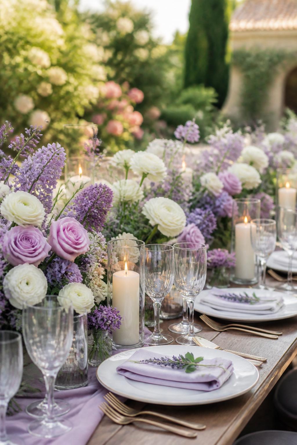 Image Prompt:
A pretty garden wedding table decorated with purple and white flowers, including lavender roses, lilac blooms, white ranunculus, soft greenery, ivory candles, white plates, and clear glassware. Outdoor garden reception setting with soft natural light, no visible faces, no text, no watermark, professional editorial wedding photography, (no watermarks on images)